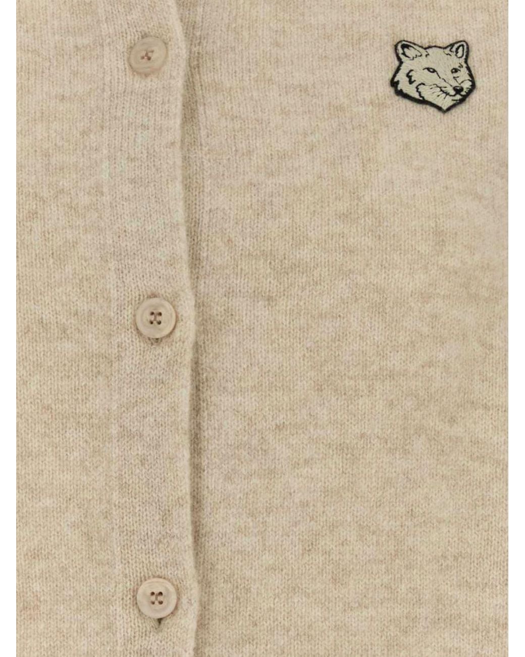 Maison Kitsuné Natural Maison KitsunÉ Pure Wool Crewneck Cardigan With Chillax Fox Patch