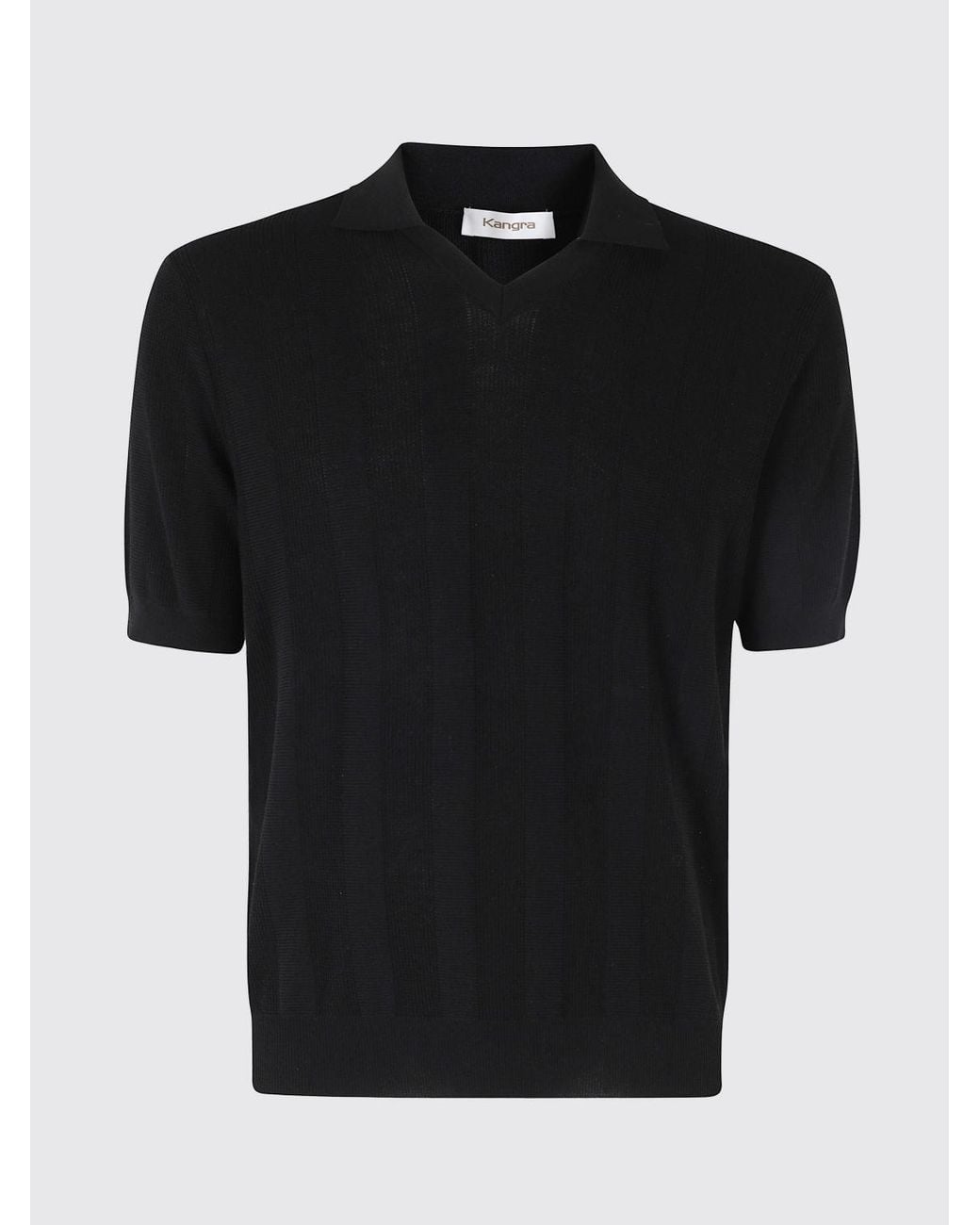 Kangra Black Short-Sleeved V-Neck Viscose Knit Polo Shirt With Ribbed Trims for men