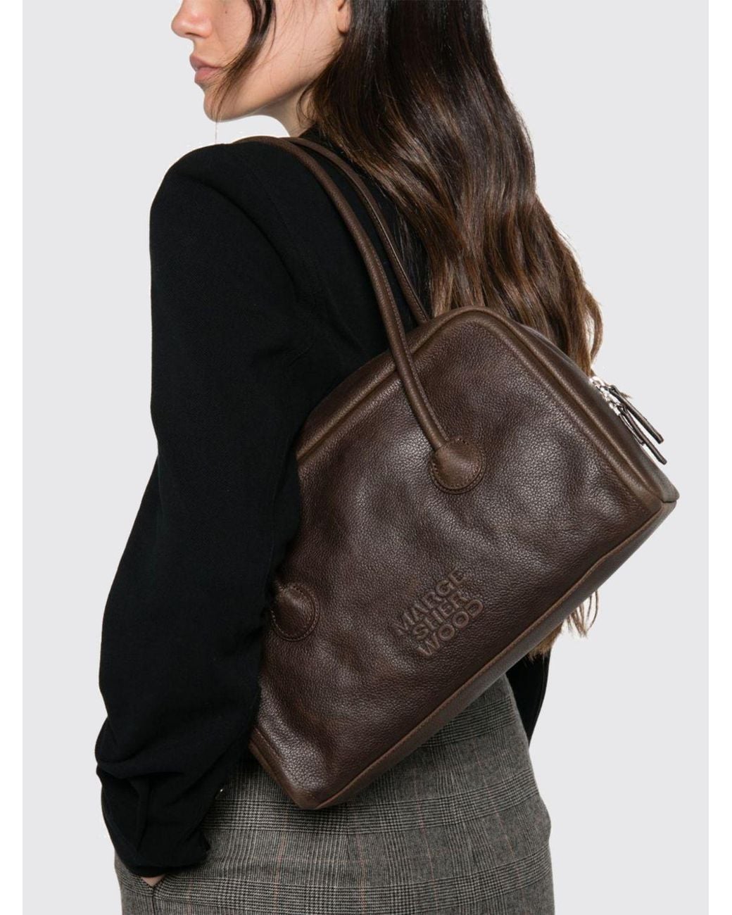 MARGE SHERWOOD Black Boston Grained Calf Leather Shoulder Bag With Double Handle