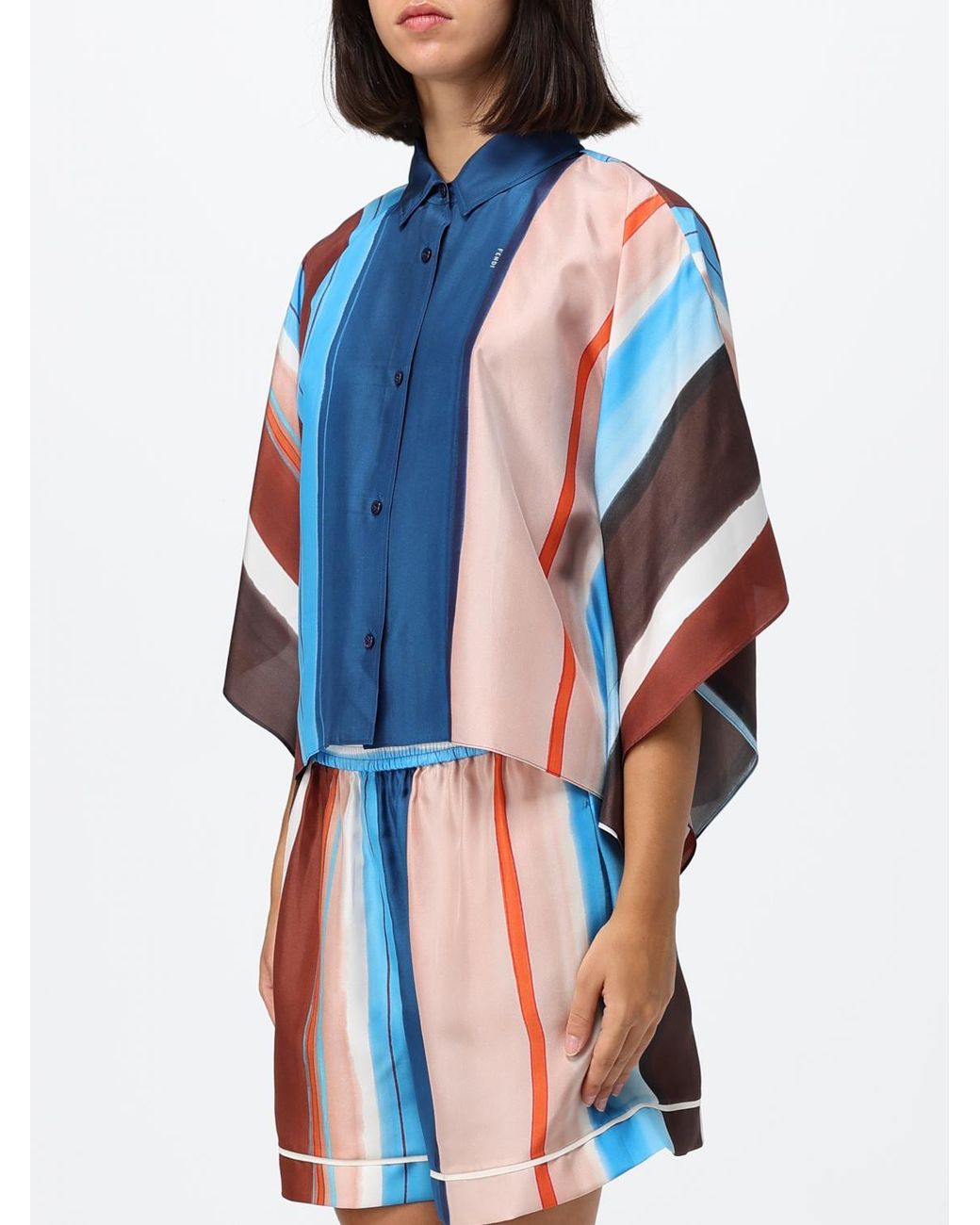 Fendi Blue Cropped Silk Shirt With Multicolour Stripes And Dropped Shoulders