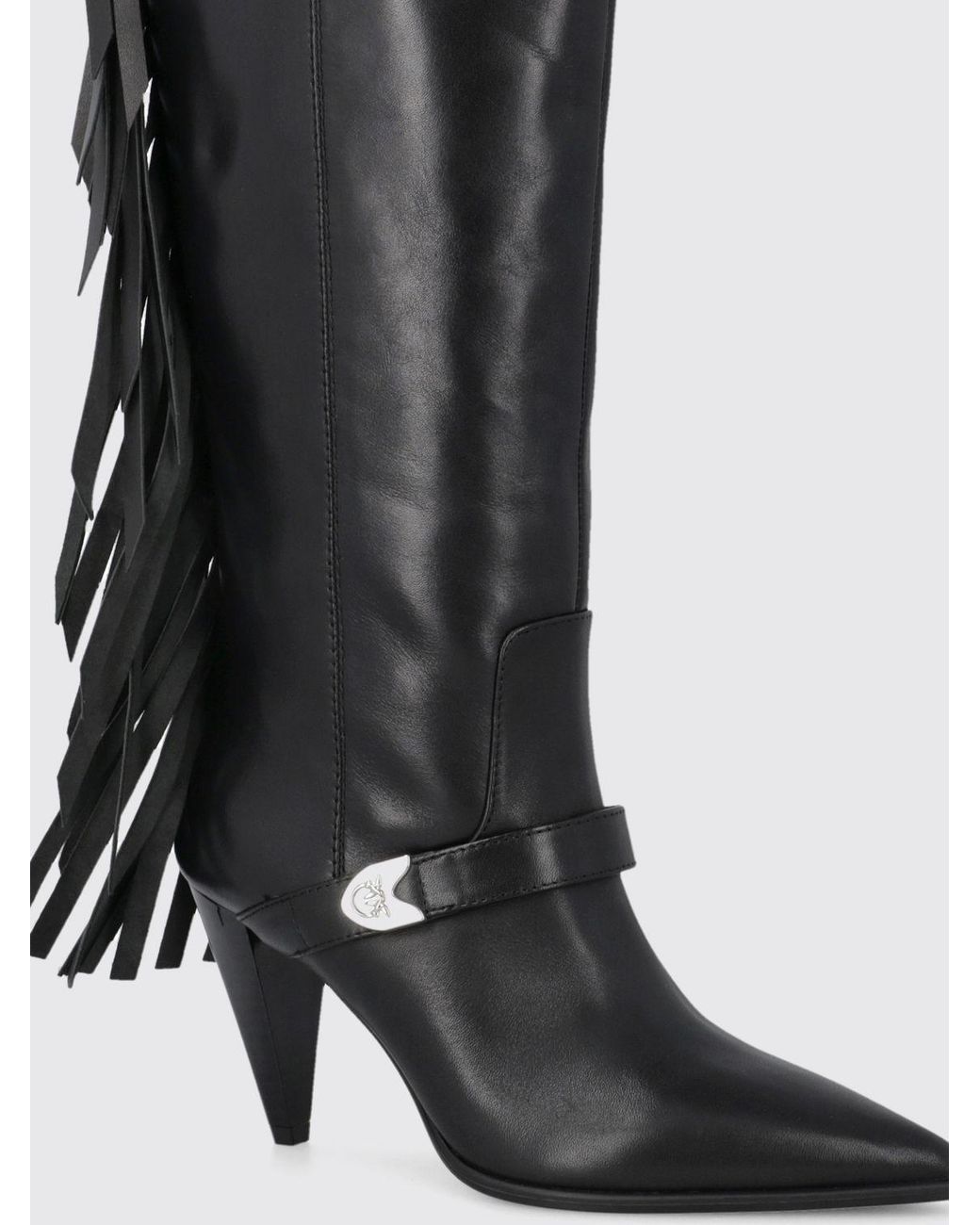Pinko Black Vane Fringed Leather Knee-High Boots With High Heel