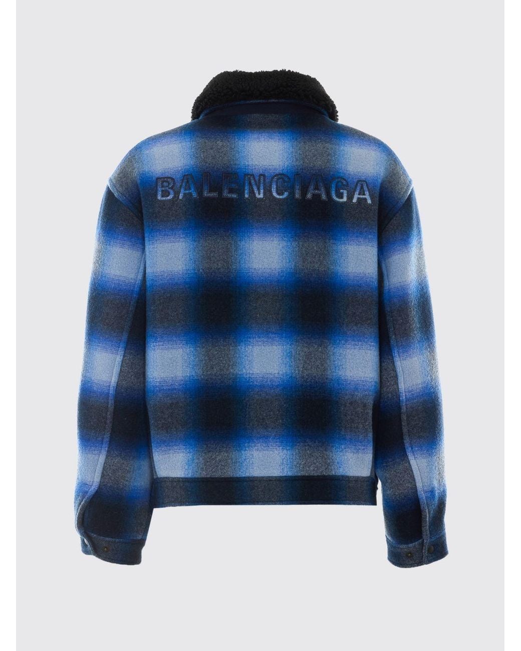 Balenciaga Blue Check Wool Flannel Short Coat With Fur Collar for men