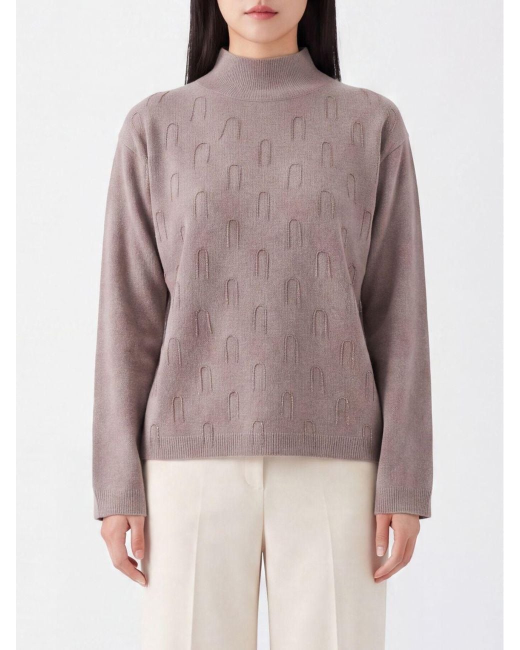Fabiana Filippi Brown Wool, Silk And Cashmere Mock Neck Jumper With Jewelled Detail
