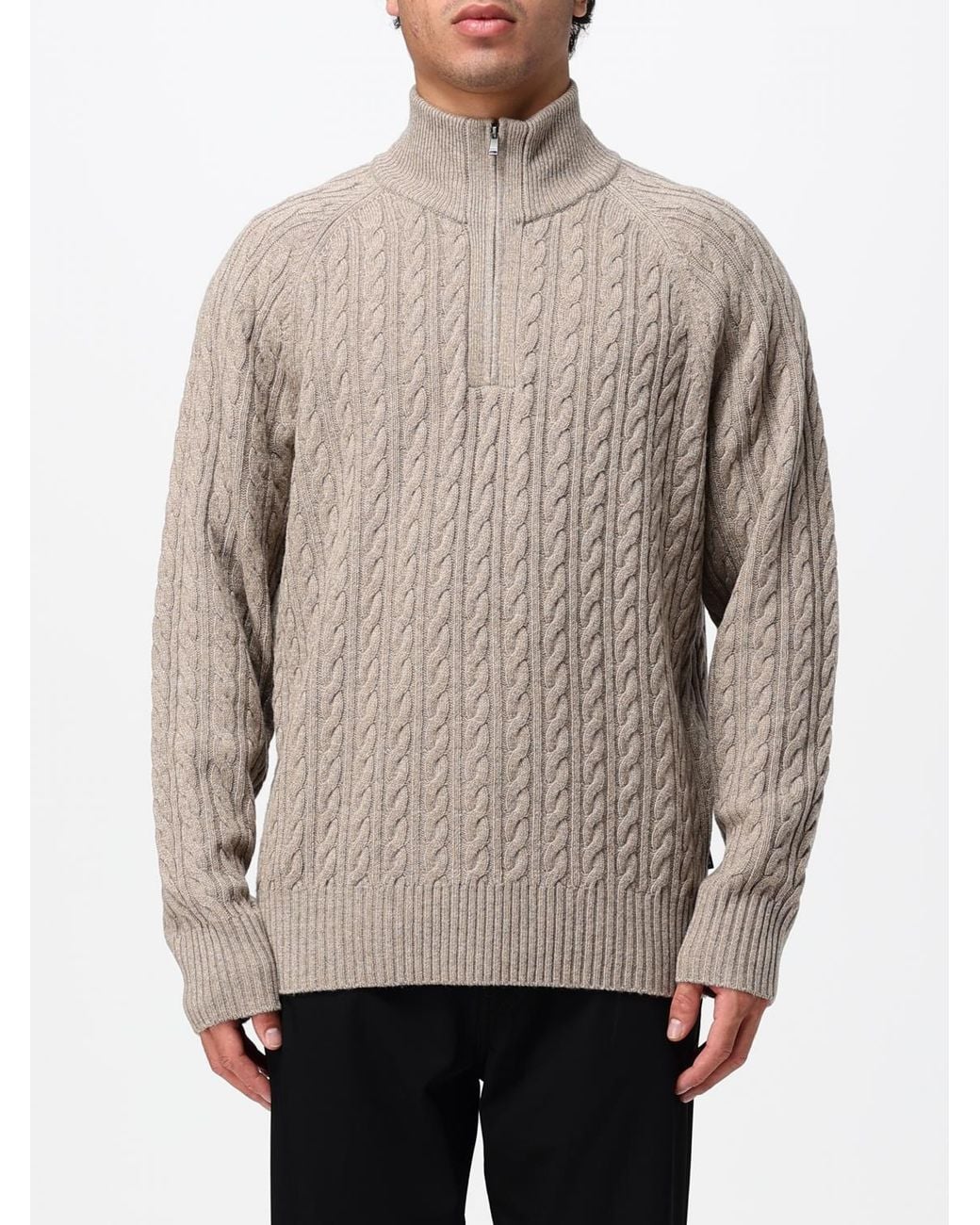 Boss Gray Wool And Cashmere High Neck Jumper With Half-Zip Closure for men