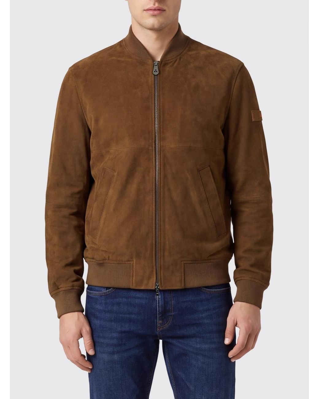 Peuterey Brown Suede Leather Bomber Jacket With Zip Closure And Ribbed Trim for men