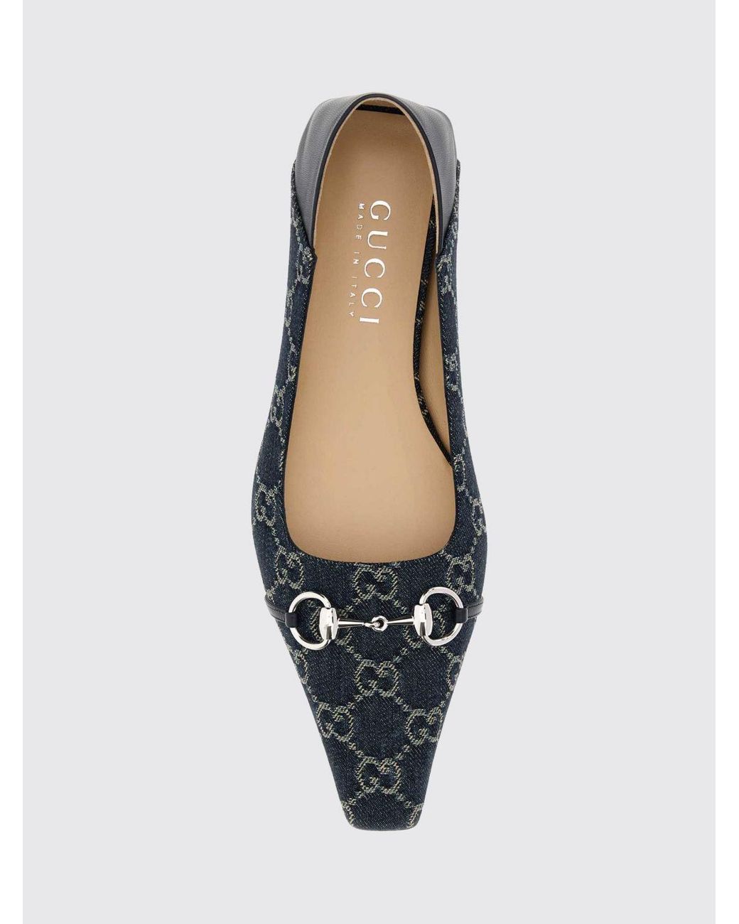 Gucci White Vittoria Tapered Toe Gg Jacquard Denim Ballet Flats With Horsebit Detail