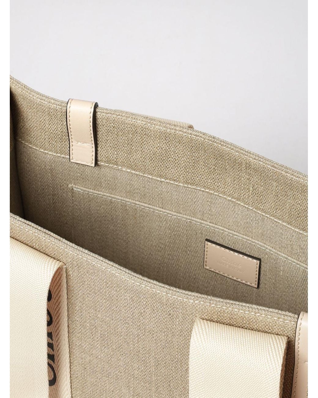 Chloé Natural ChloÉ Woody Linen Tote Bag With Printed Logo And Double Handle
