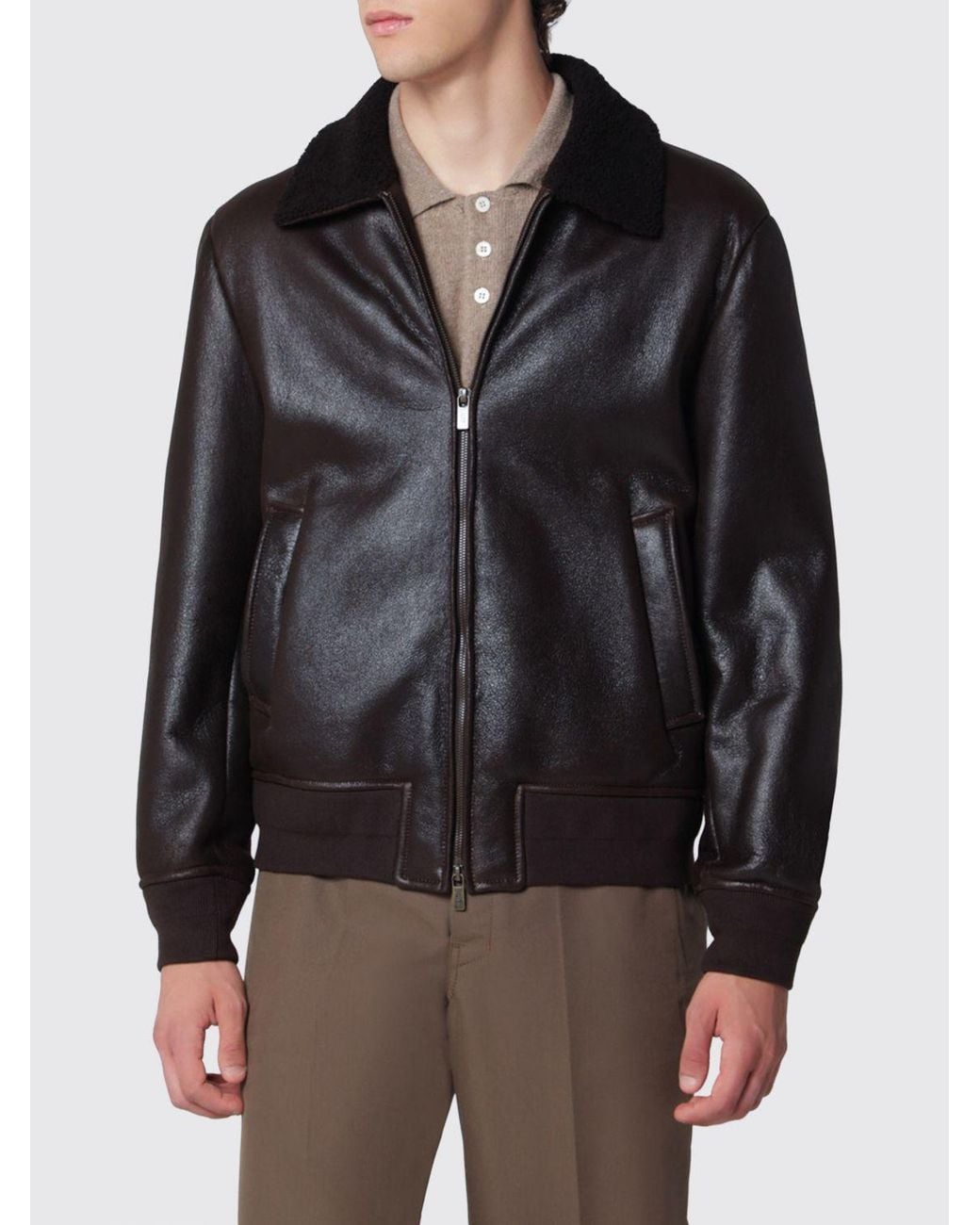 Salvatore Santoro Black Smooth Sheepskin Jacket With Fur Collar for men