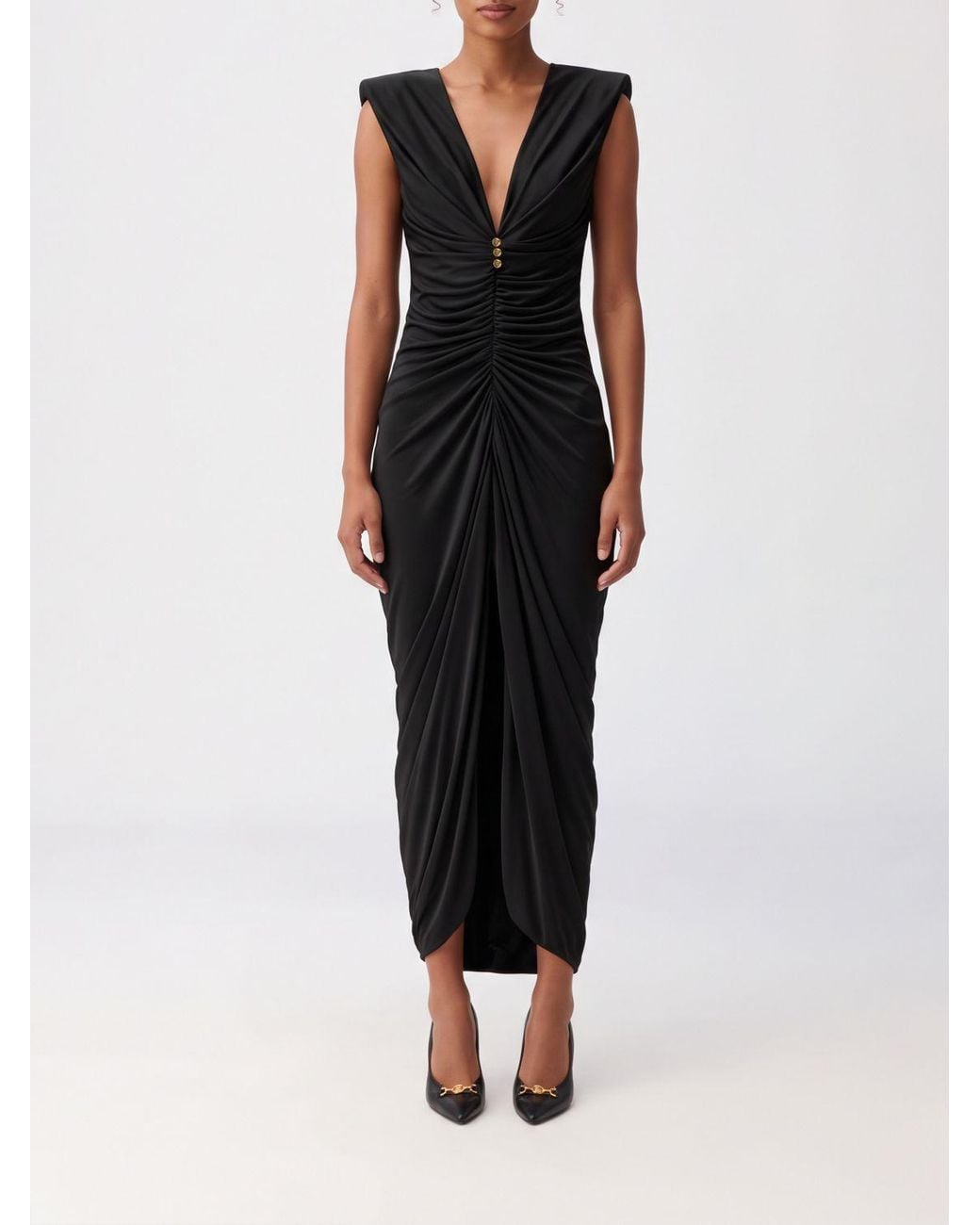 Versace Black Draped Off-The-Shoulder Jersey Midi Sheath Dress