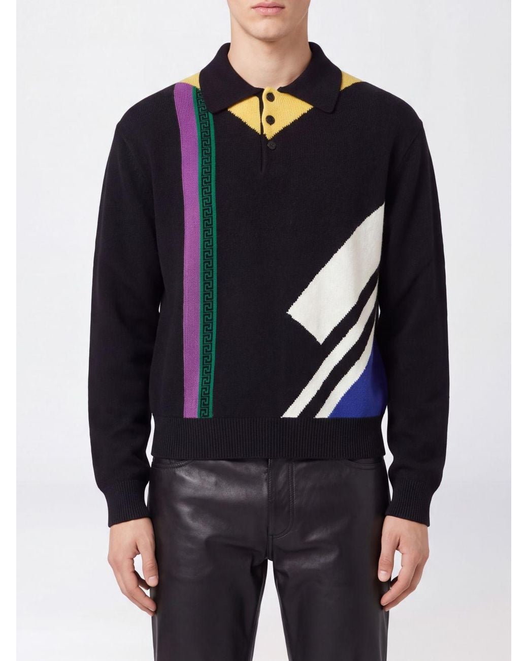 Versace Blue Geometric Pattern Long-Sleeved Wool Knit Polo for men