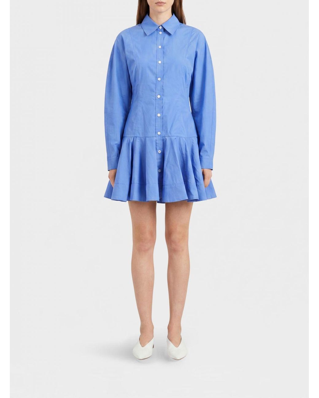 Ganni Blue Organic Cotton Mini Shirt Dress With Long Sleeves
