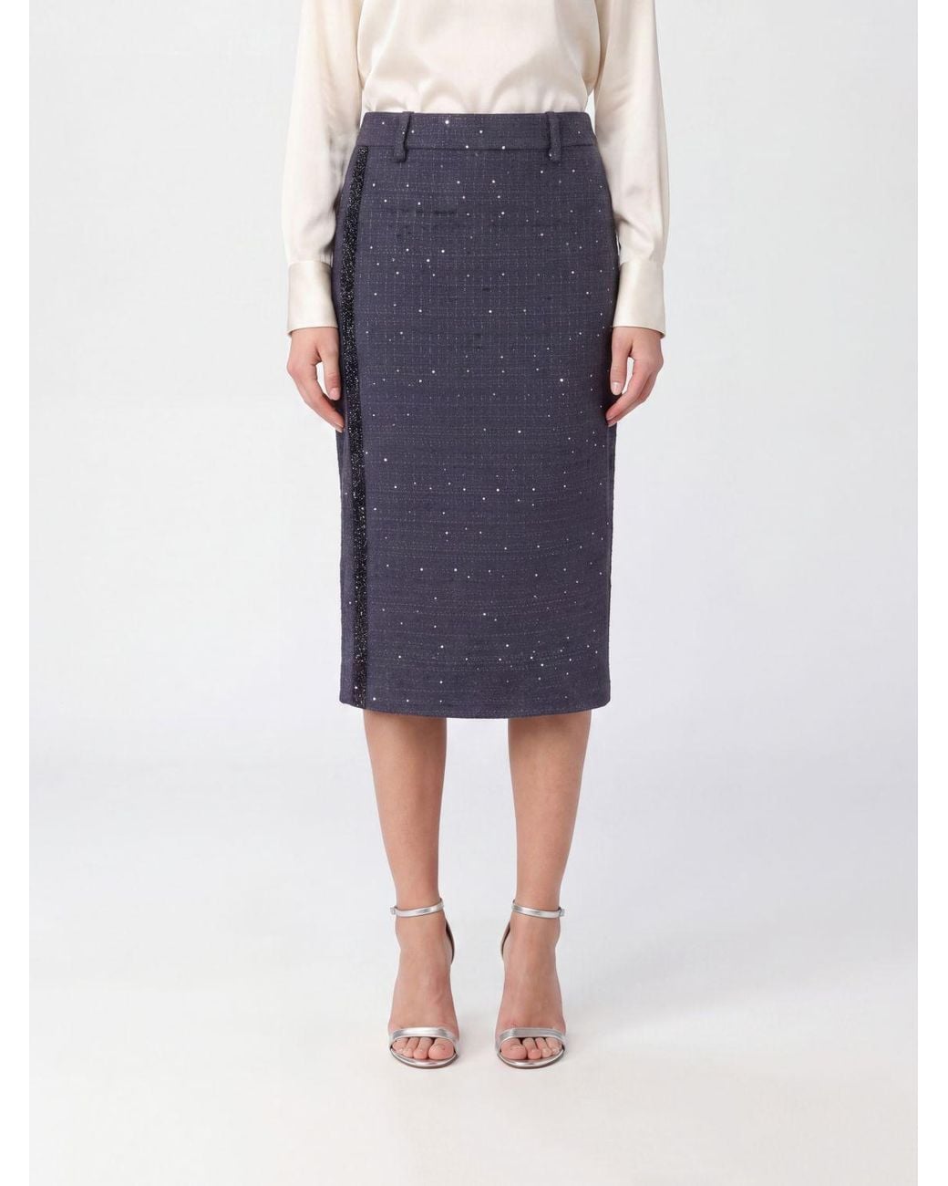 Semicouture Blue Beaded And Sequin Embroidered Cotton-Blend Midi Pencil Skirt