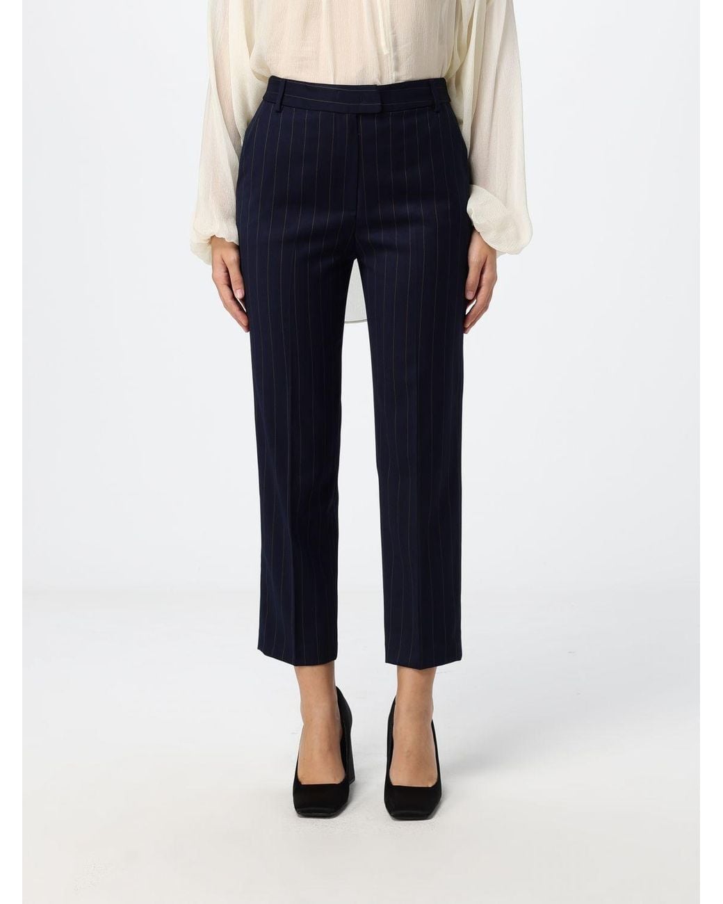 Hanita Blue Pinstriped Cropped Straight Trousers