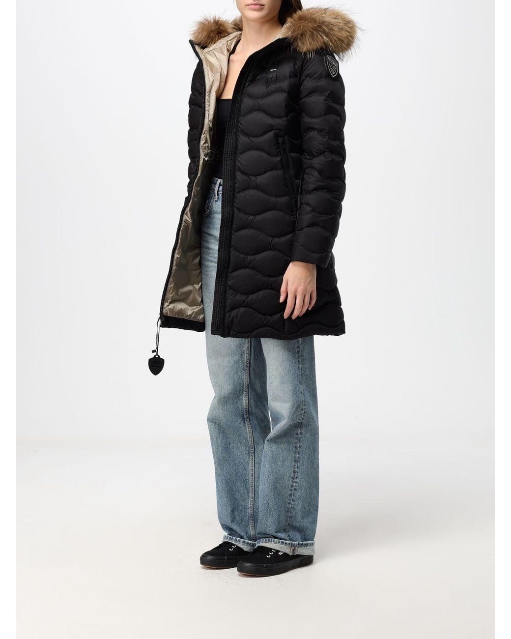 Blauer Black Slim Fit Long Nylon Down Jacket With Shearling Hood