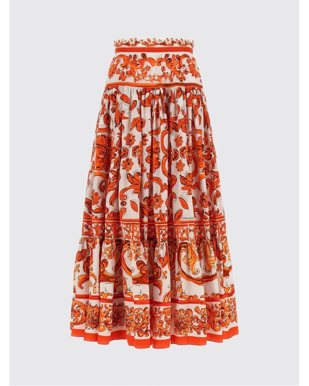 Dolce & Gabbana Red Dolce &Amp Gabbana Majolica Print Cotton Full Midi Skirt