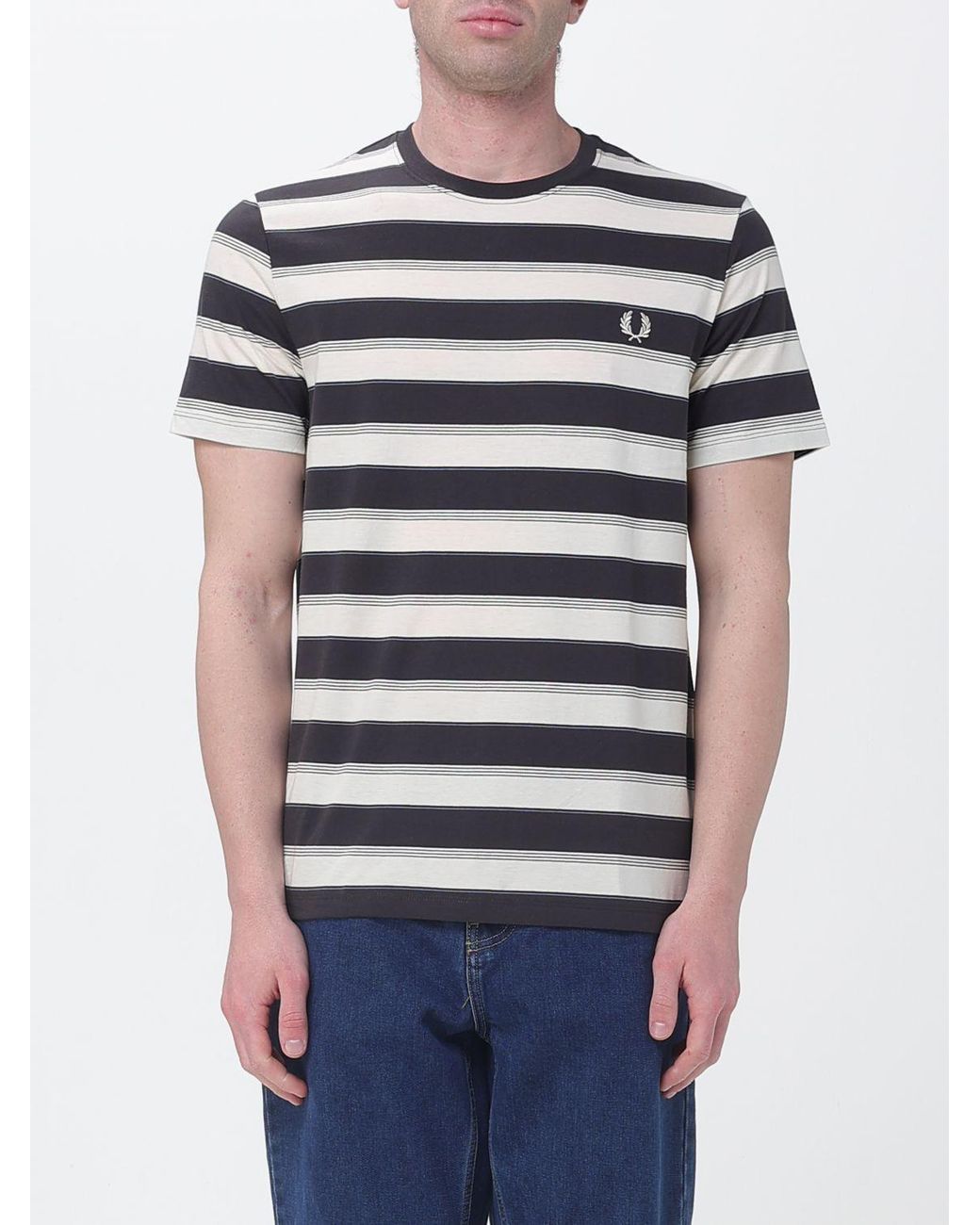 Fred Perry Blue Striped Cotton T-Shirt With Logo for men