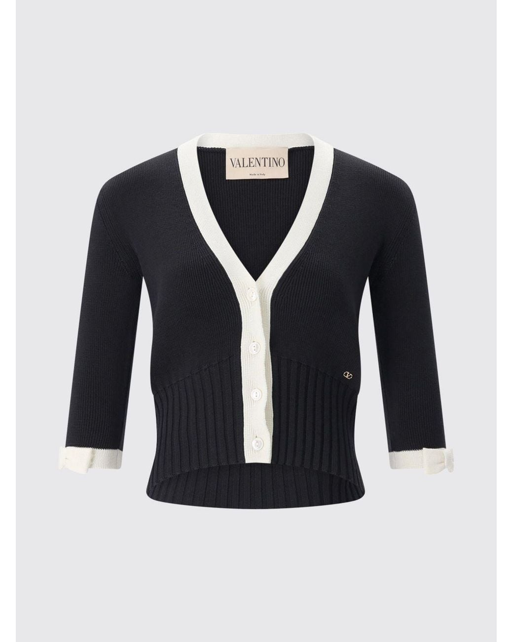 Valentino Garavani Black Cropped Bicolor Cotton Cardigan With Vlogo Signature