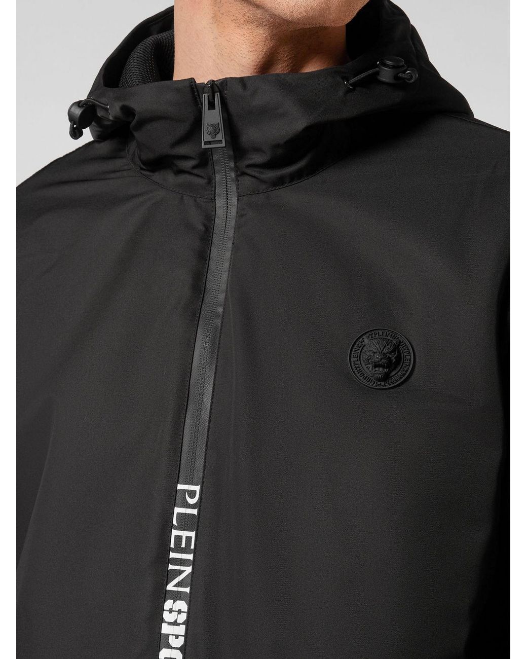 Philipp Plein Black Hooded Technical Fabric Windbreaker Jacket With Logo for men