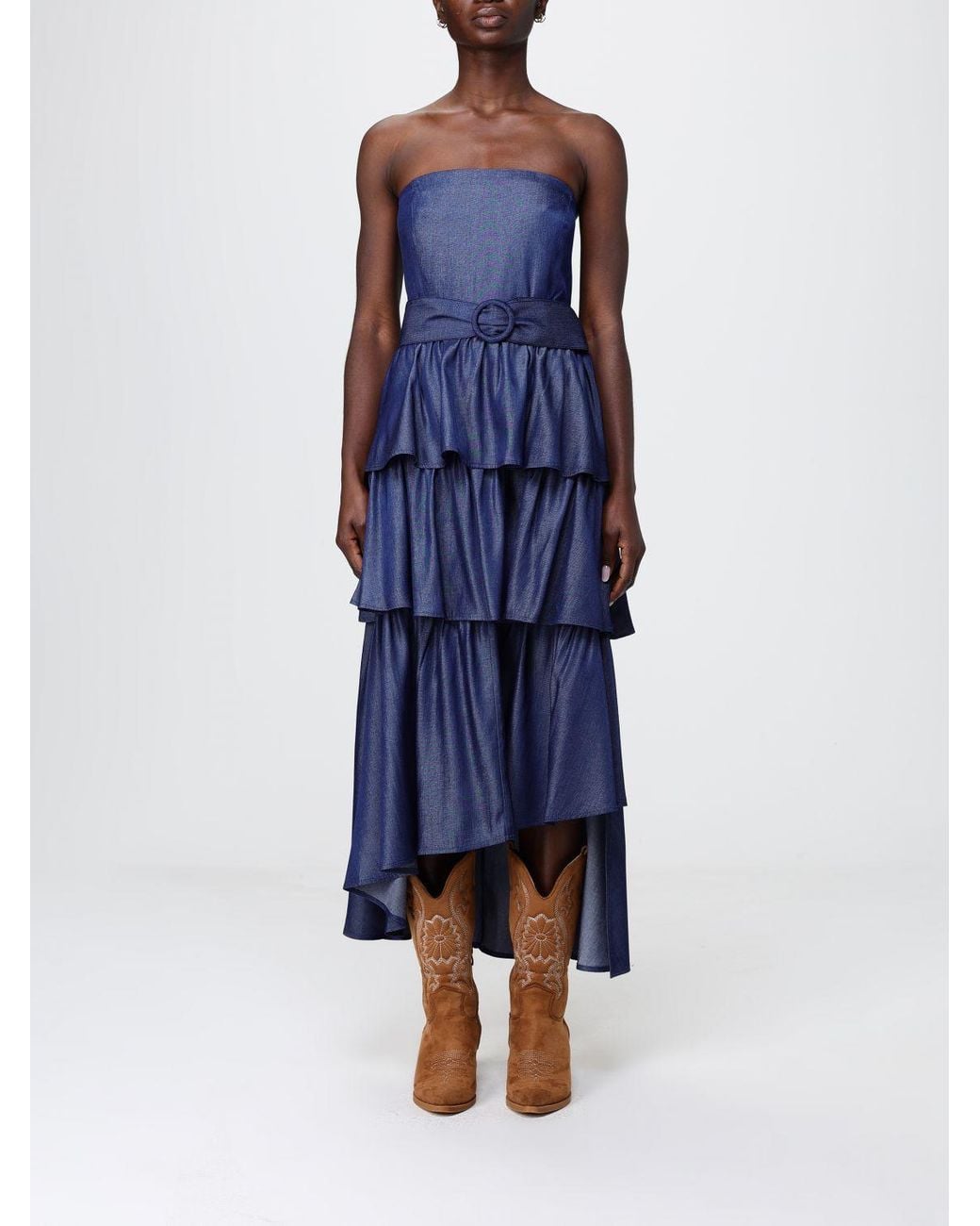 Liu Jo Blue Chambray Midi Dress With Ruffles