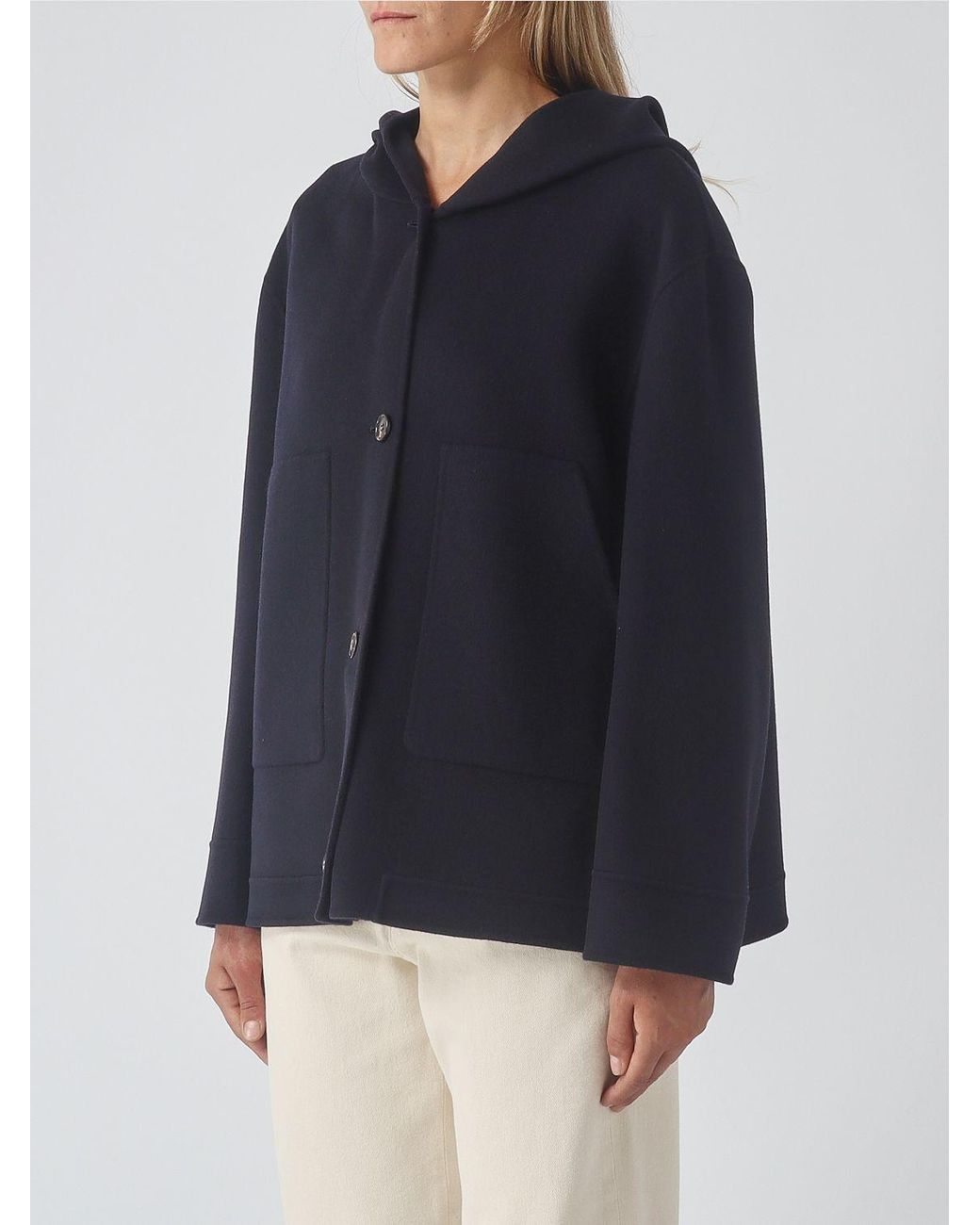 Max Mara Blue Hooded Virgin Wool Short Coat