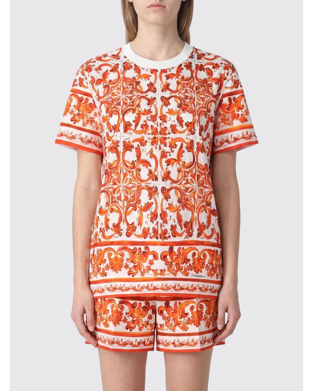 Dolce & Gabbana Orange Dolce &Amp Gabbana Majolica Print Cotton T-Shirt With Contrast Logo