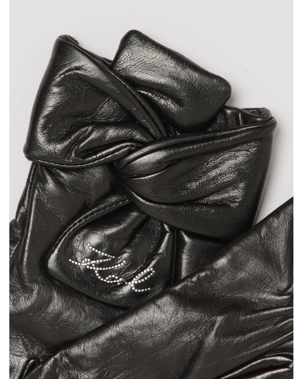 Karl Lagerfeld Black Smooth Goat Leather Gloves With Monogram And Bow