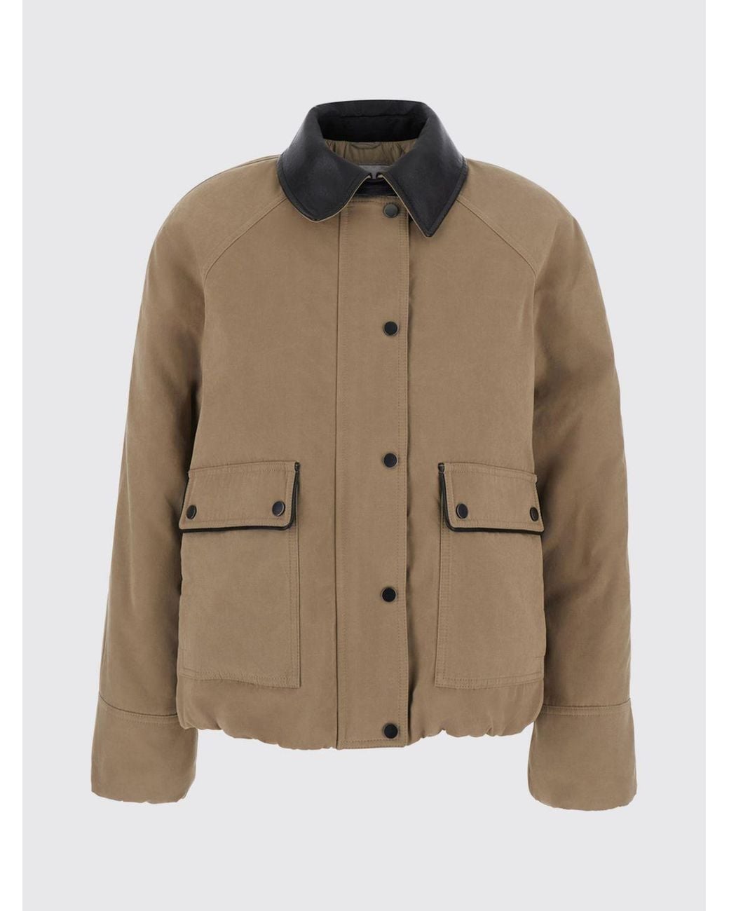 Brunello Cucinelli Brown Lightweight Cotton Jacket With Leather Collar And Patch Pockets