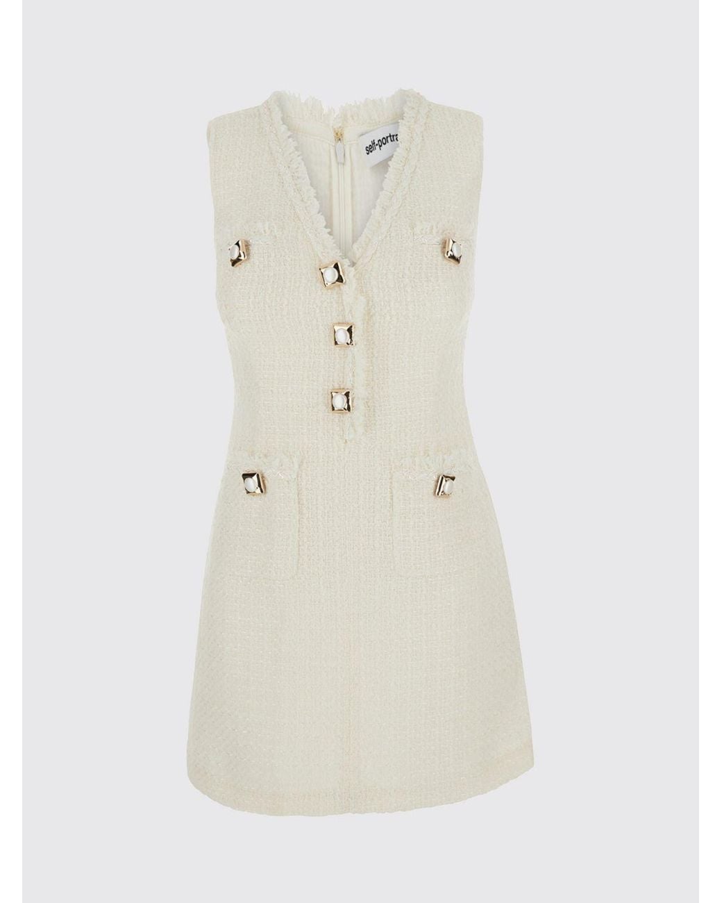 Self-Portrait White Off-The-Shoulder V-Neck Tweed Midi Cocktail Dress