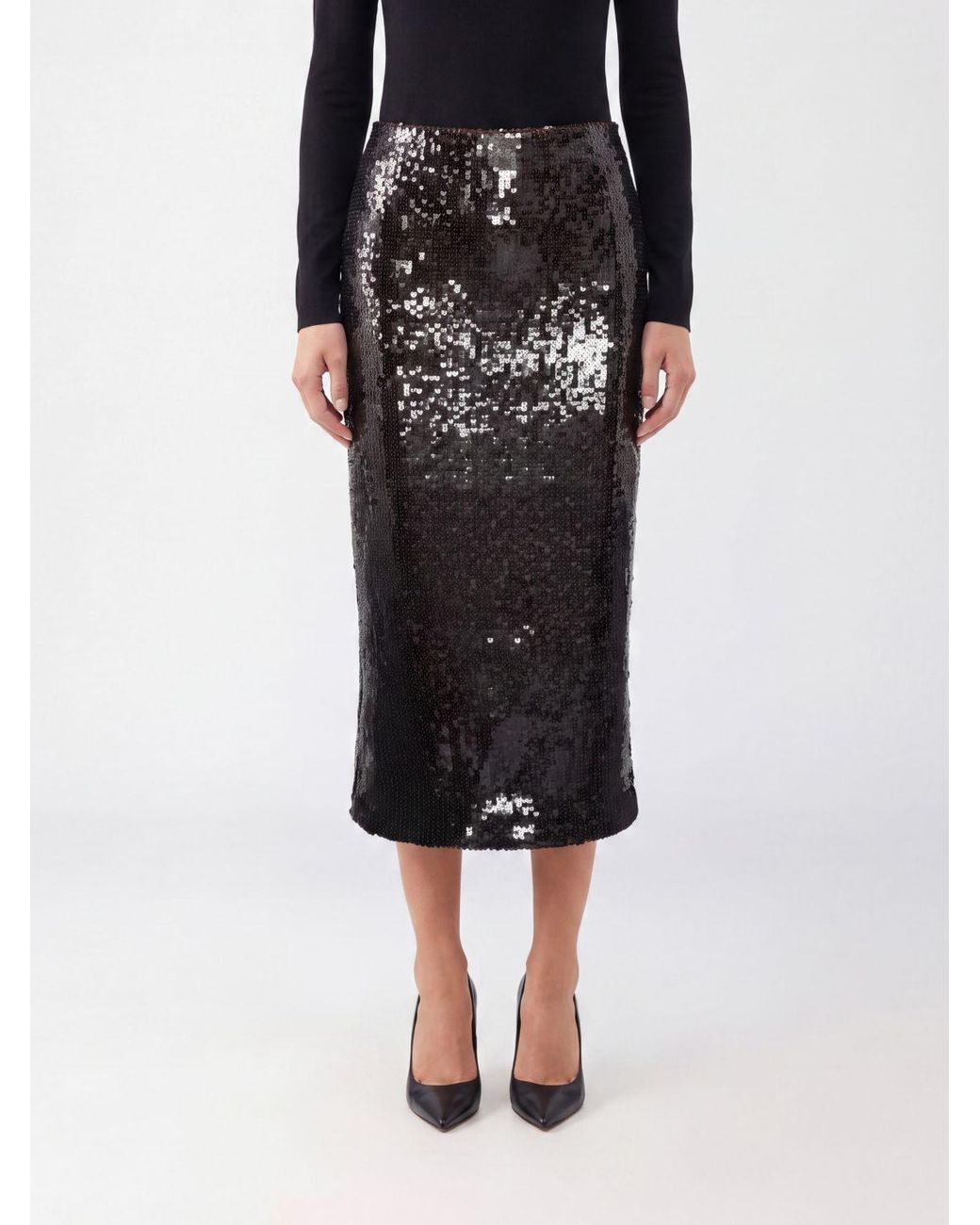 ROTATE BIRGER CHRISTENSEN Black Recycled Polyester Sequin Pencil Midi Skirt With Slit