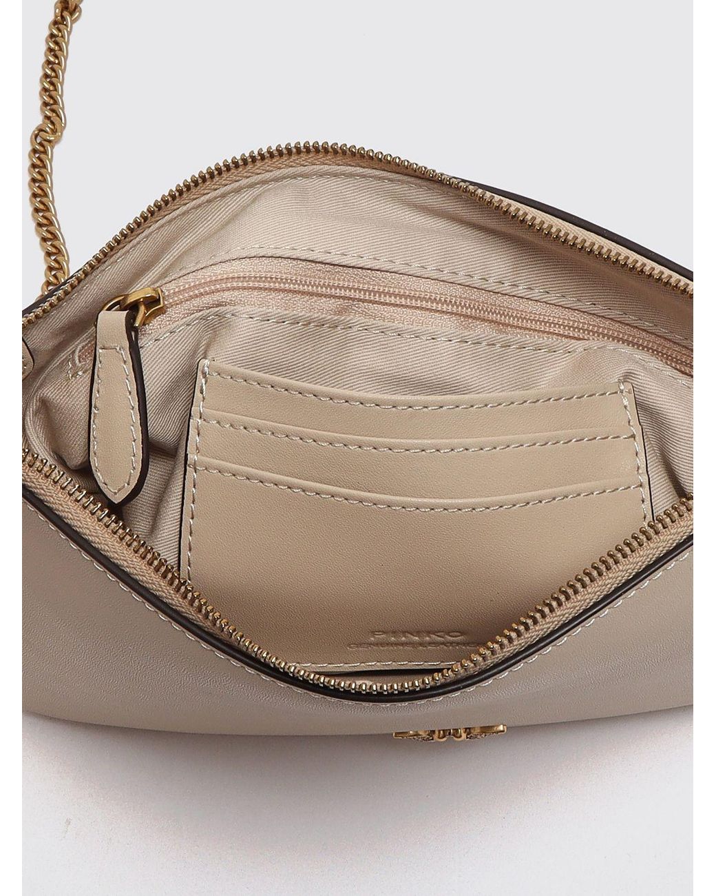 Pinko Natural Love Bag Simple Leather Clutch With Chain-Link Strap And Love Birds Logo