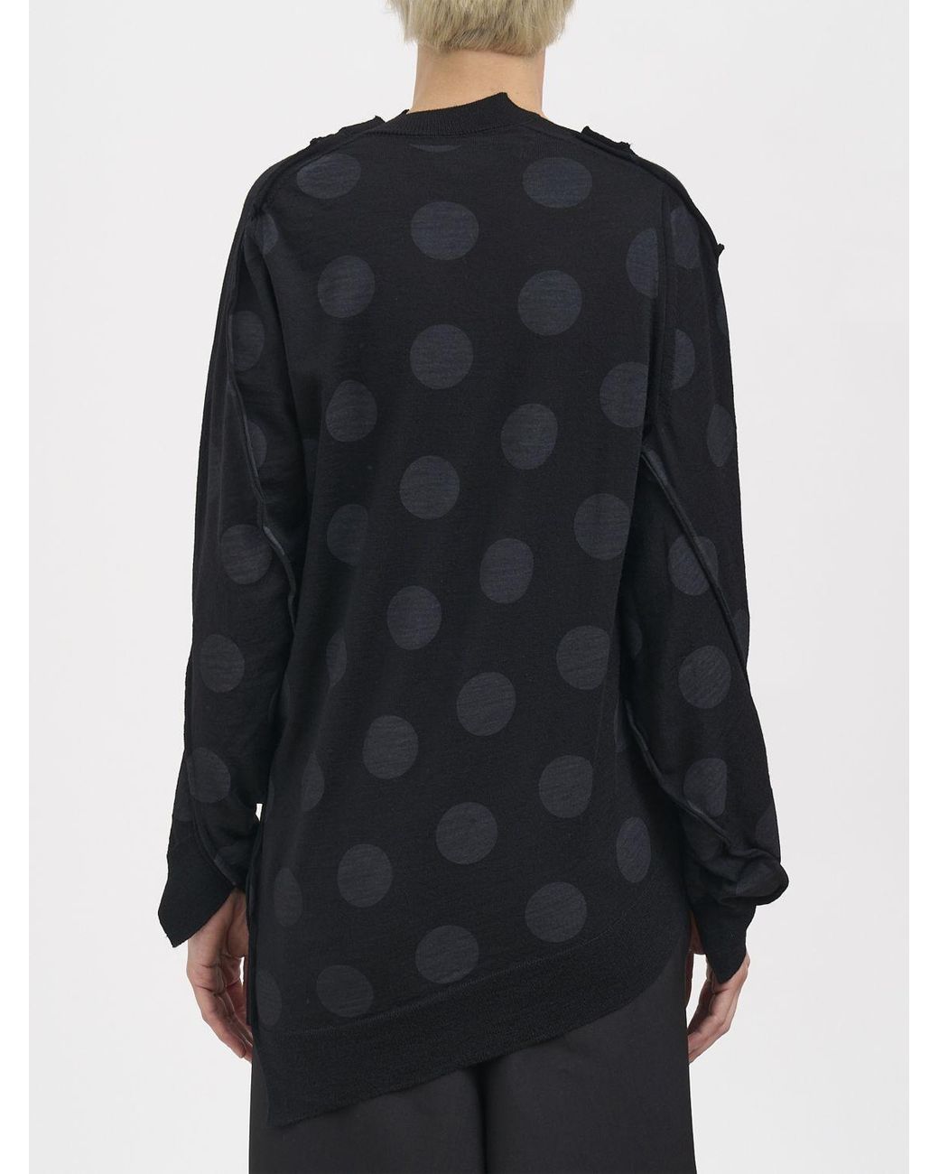 Junya Watanabe Black Polka-Dot Pure Wool Crewneck Jumper With Asymmetric Hem