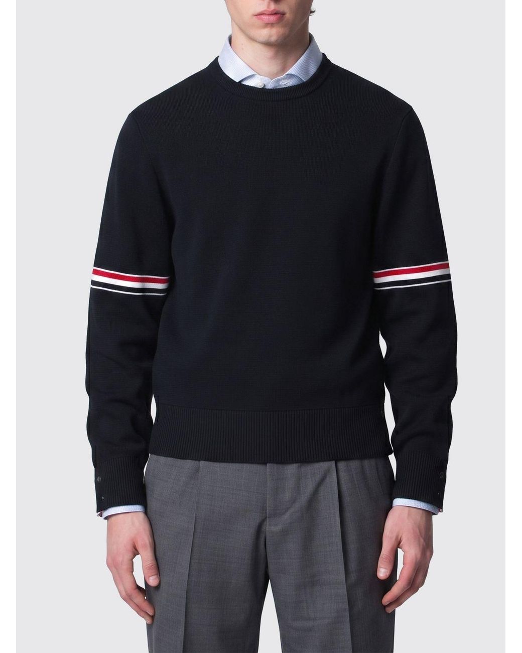 Thom Browne Blue Cotton Crewneck Jumper With Signature -Bar Stripe Sleeve for men