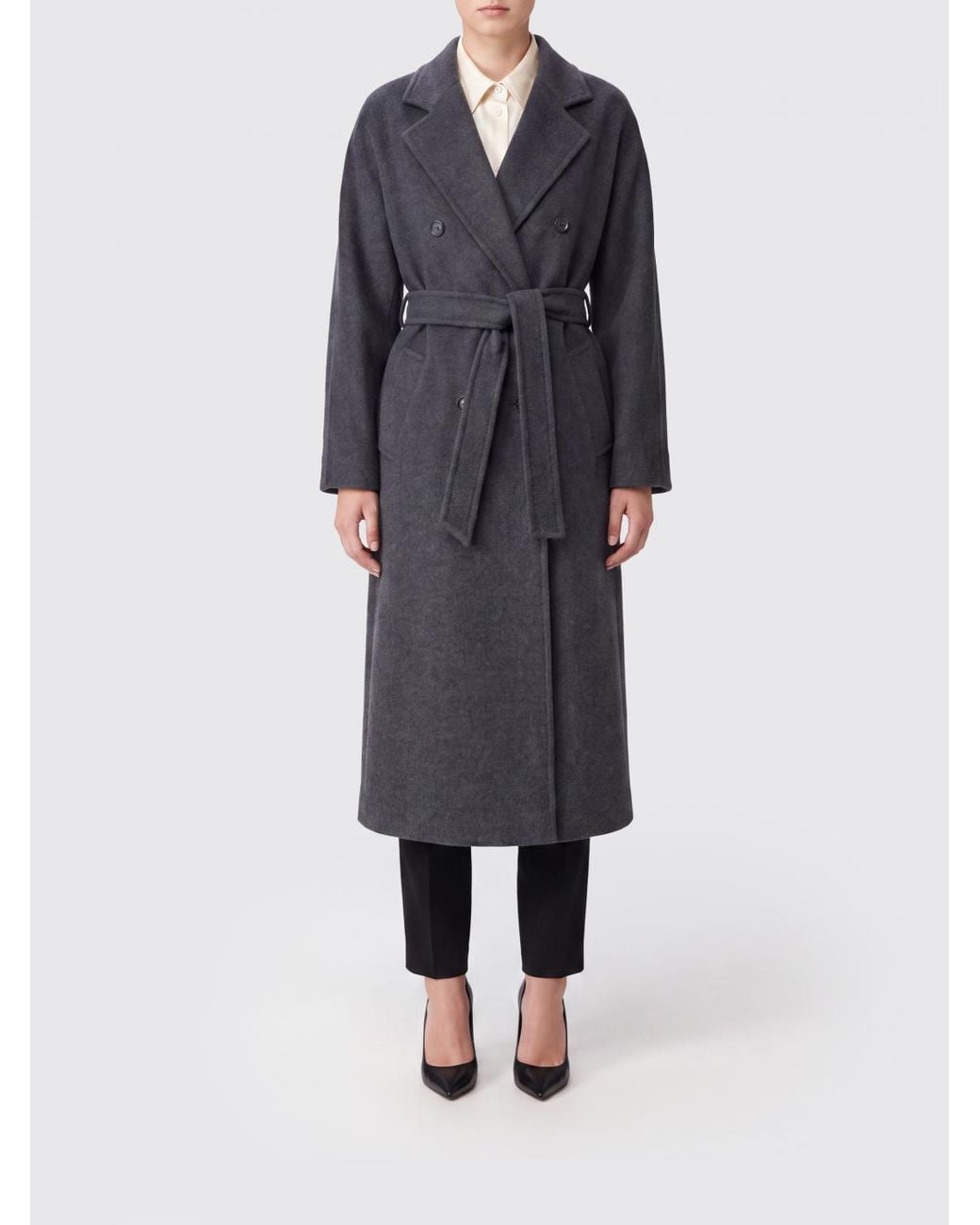Max Mara Blue Long Cashmere Belted Coat With Revere Collar