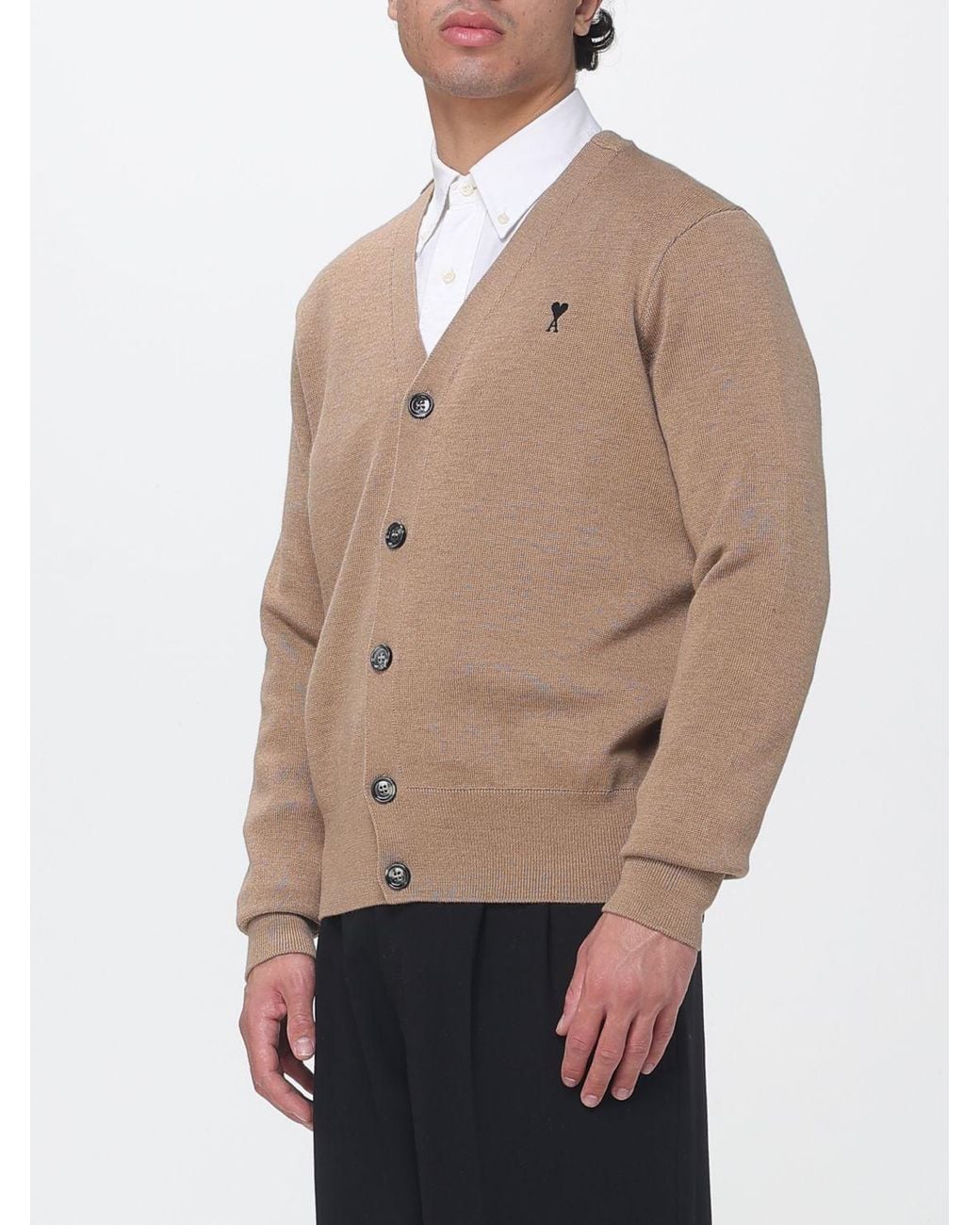 AMI Natural V-Neck Wool Cardigan With Contrast Embroidered Logo for men