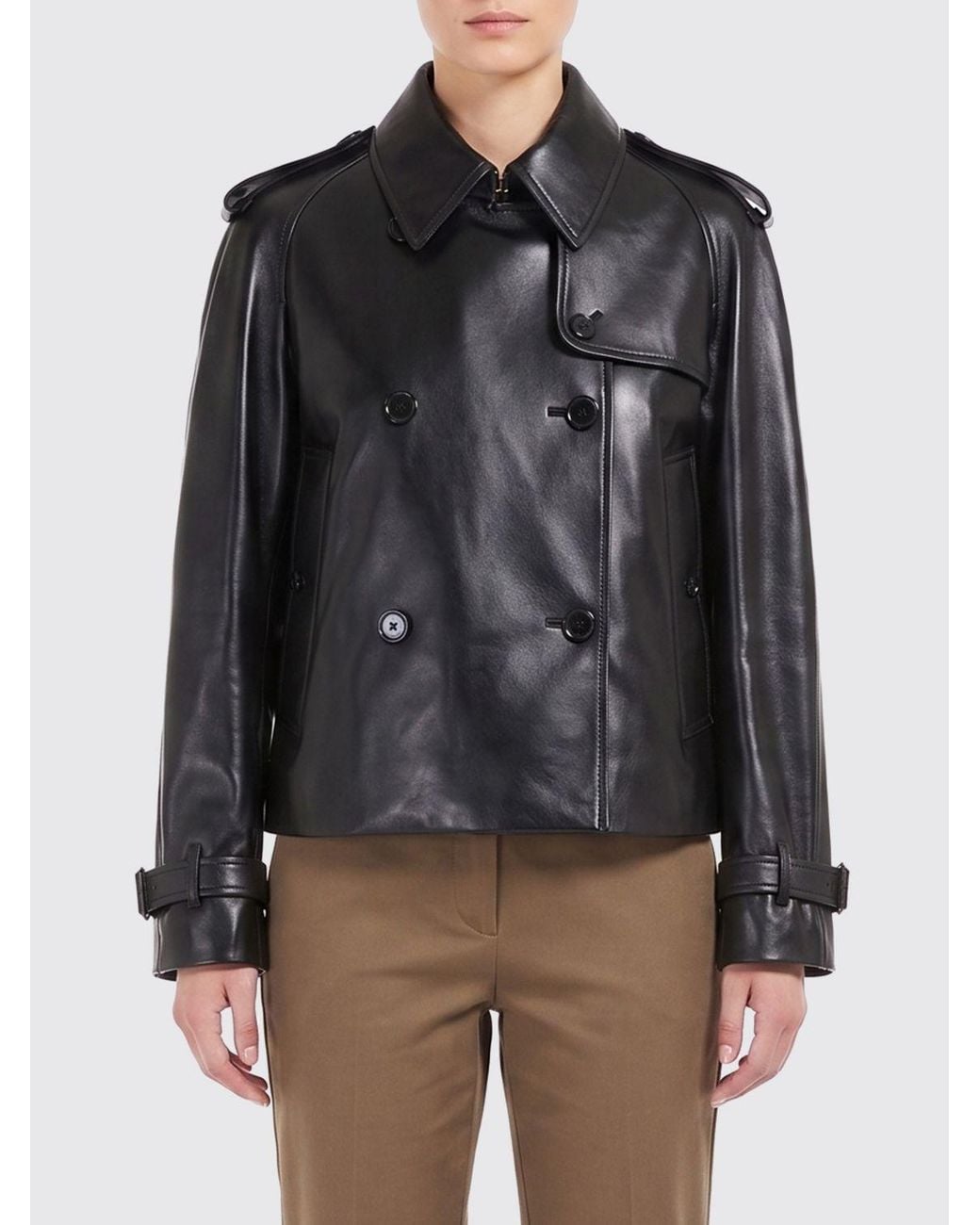 Burberry Gray Myfair Cropped Double-Breasted Lambskin Leather Trench Coat