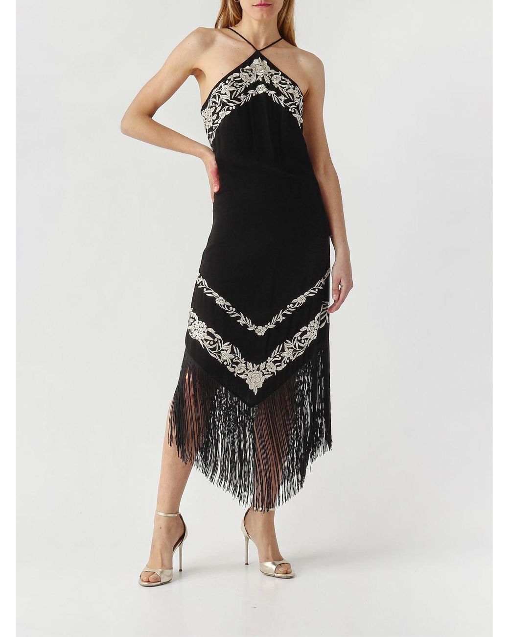 Twinset Black Asymmetric Viscose Dress With Fringes