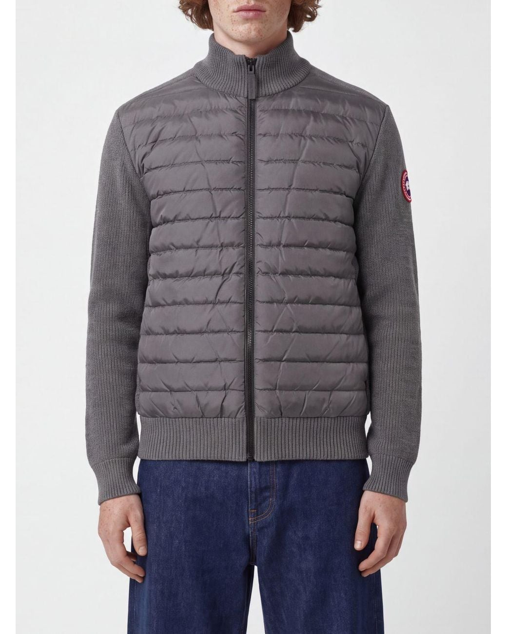 Canada Goose Gray Wool Cardigan With Quilted Panels And Logo Patch for men