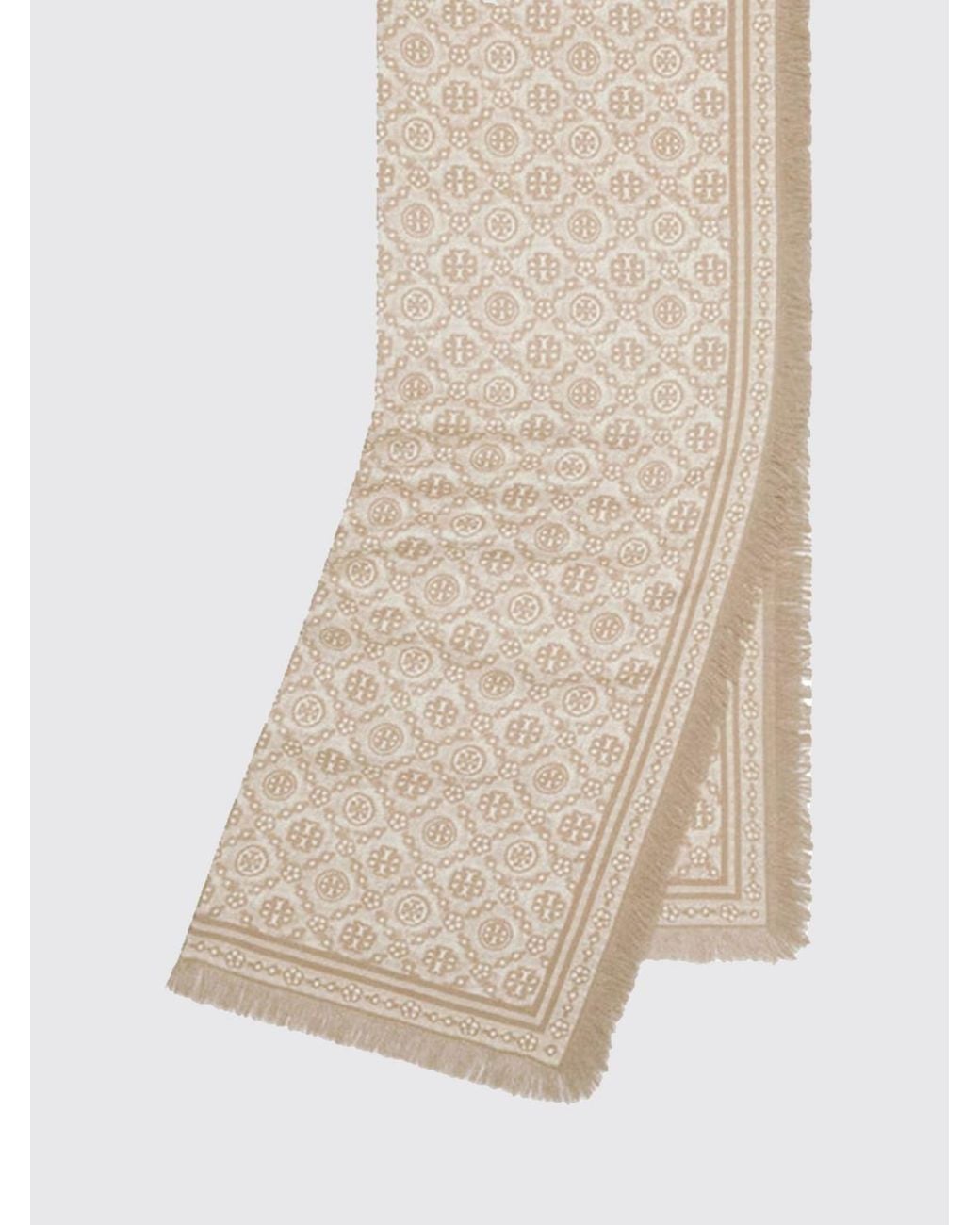 Tory Burch Natural Monogram Wool And Silk Blend Scarf With Fringed Edges