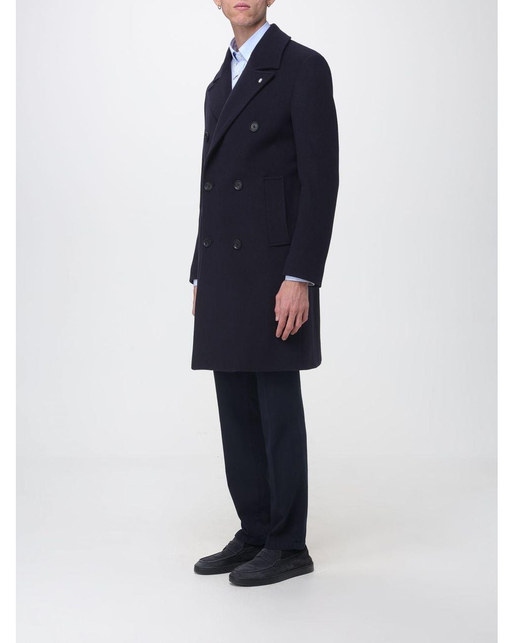 Manuel Ritz Blue Double-Breasted Wool Coat With Classic Lapels And Knee Length for men