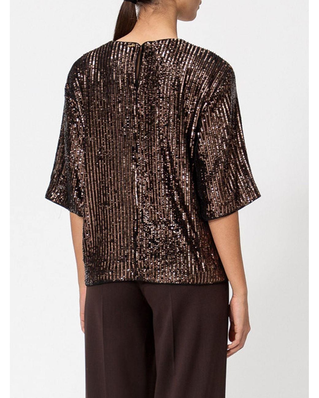 Twinset Brown Short-Sleeved Evening Top Fully Embroidered With Sequins