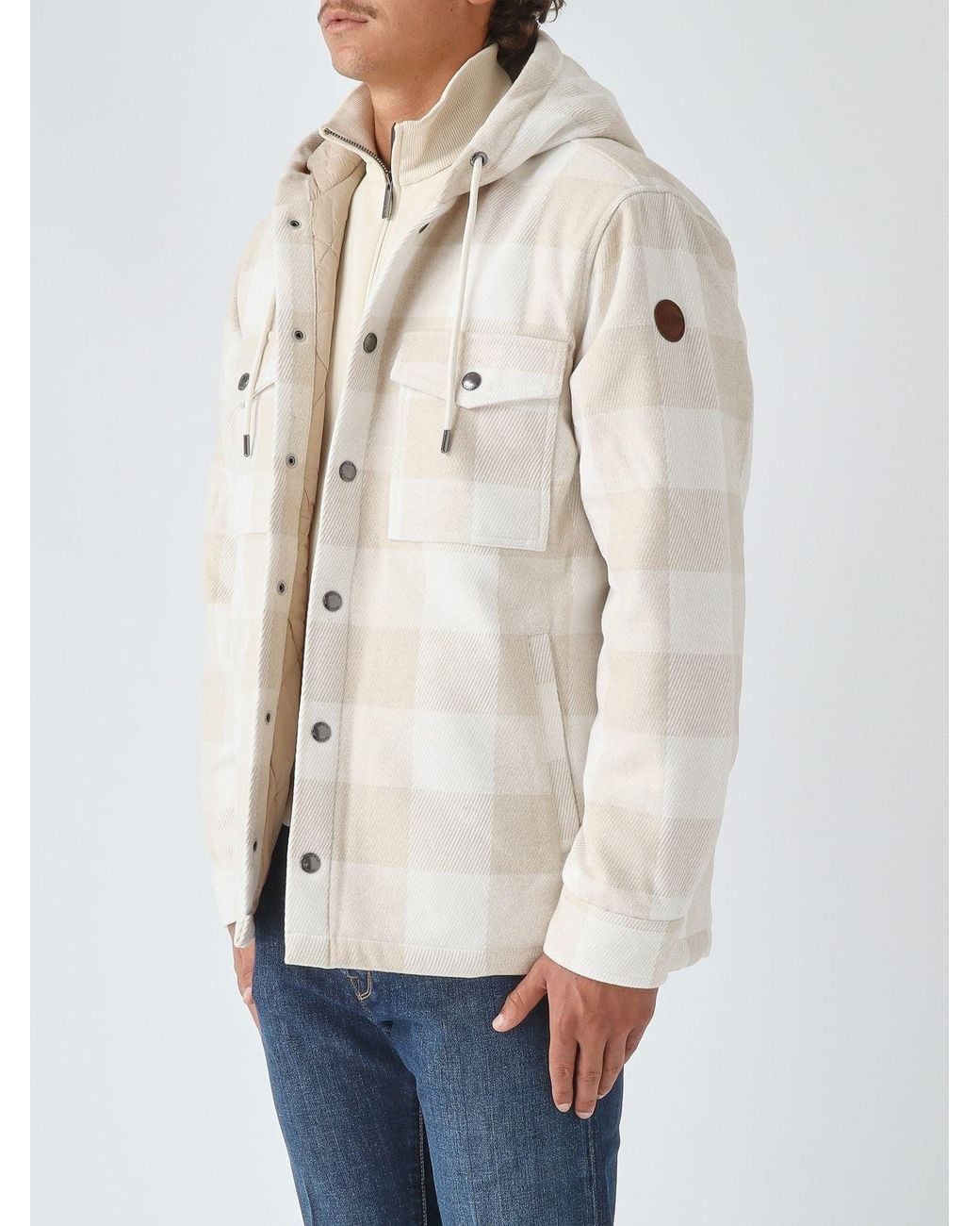 Colmar Natural Hooded Check Wool Blend Shirt Jacket With Patch Pockets for men