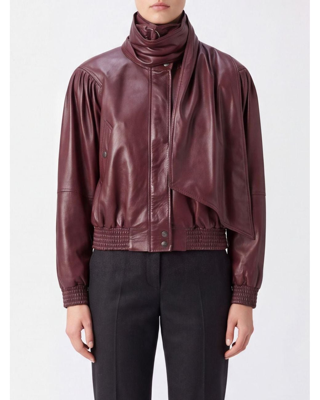 Chloé Red ChloÉ Asymmetrical Lambskin Leather Jacket With A Scarf Neck And Ruched Shoulders