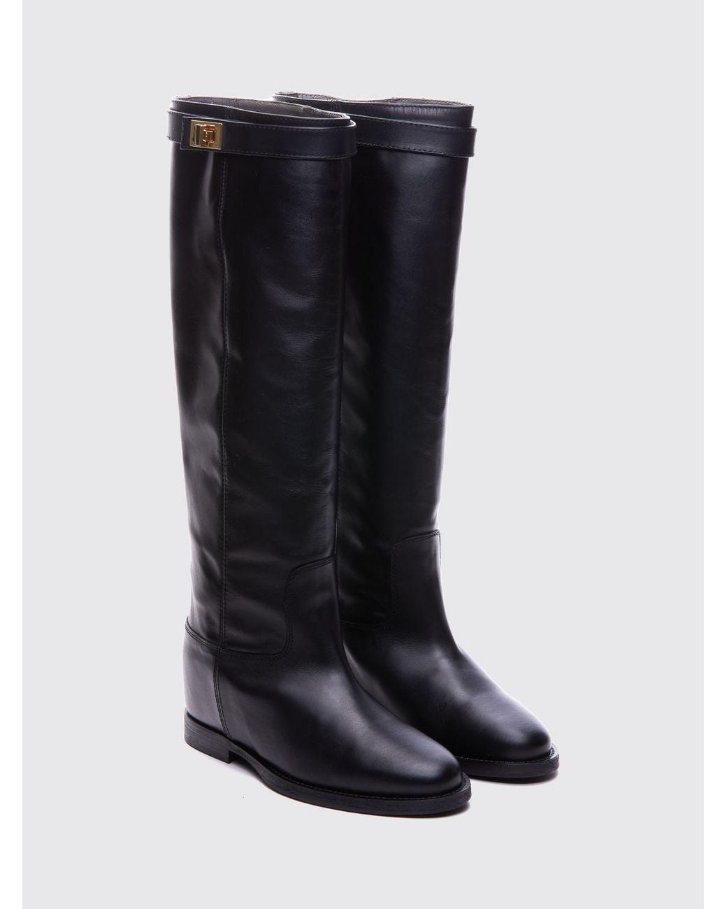 Via Roma 15 Blue Knee-High Smooth Leather Wedge Boots With Strap Details