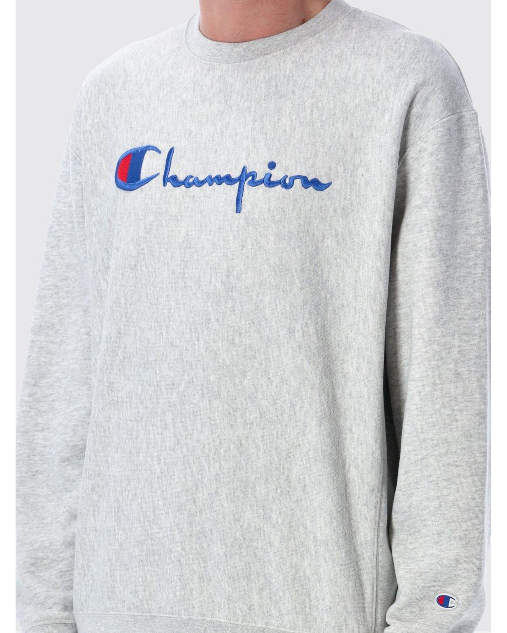 Champion Gray Crewneck Cotton Sweatshirt With Contrast Logo And Dropped Shoulders for men