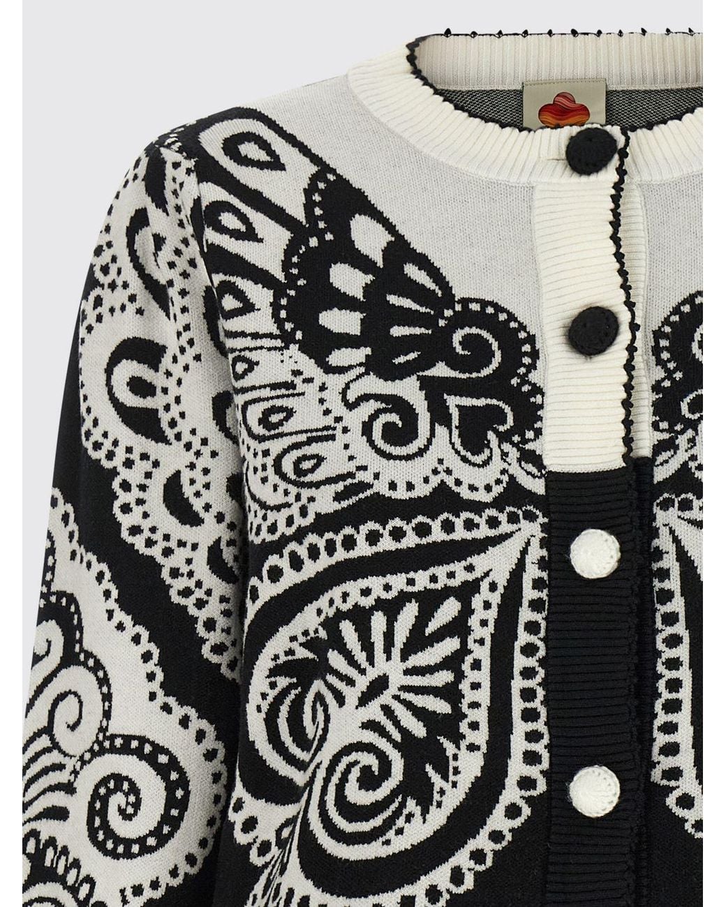 Farm Rio White Abstract Jacquard Knit Crewneck Cardigan With Button Closure