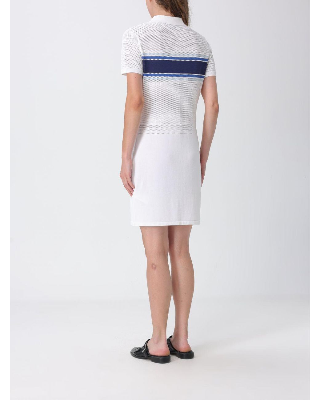 Casablanca White Striped Perforated-Knit Cotton-Blend Mini Polo Dress