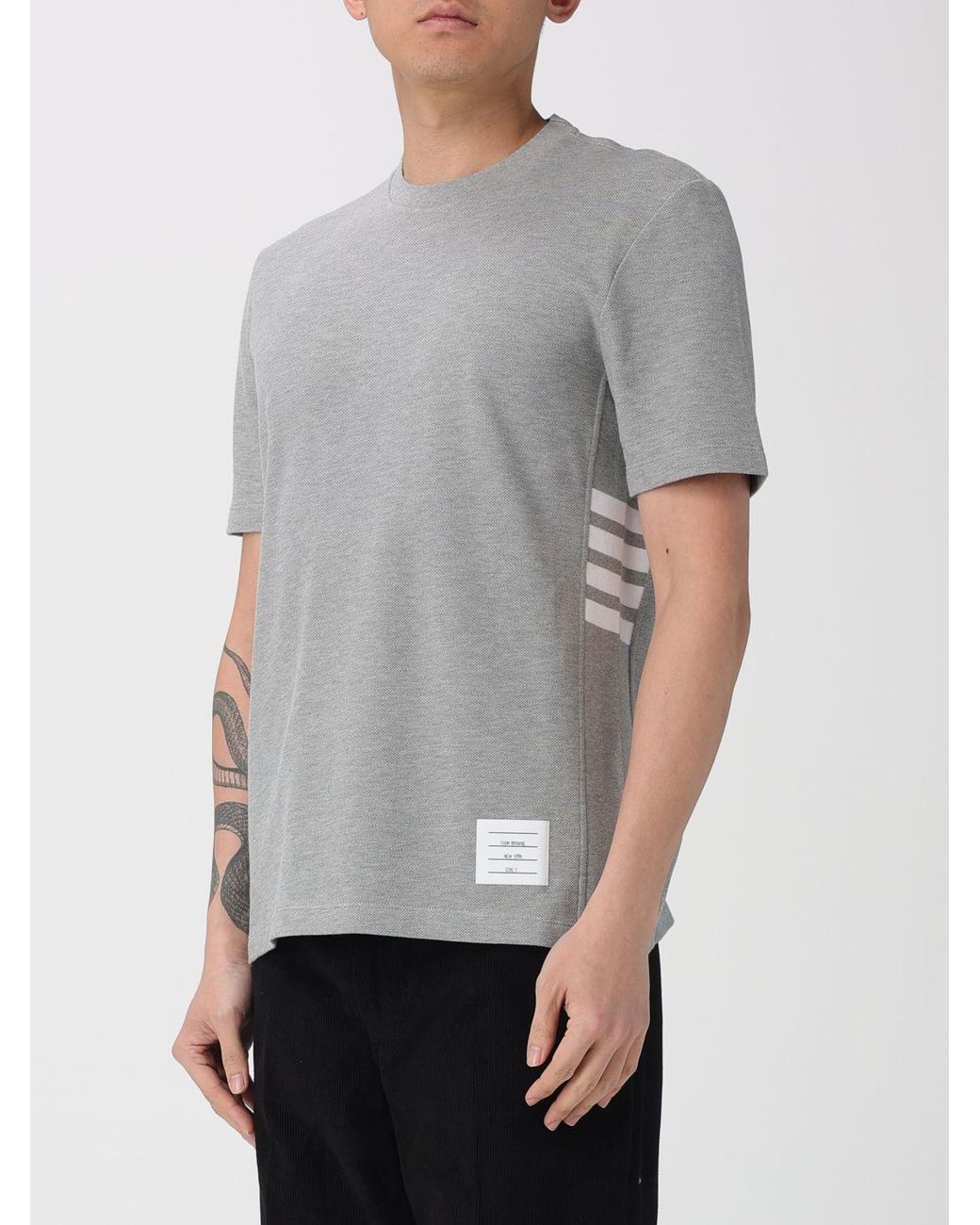 Thom Browne Gray Bar Cotton Basic T-Shirt With Logo for men