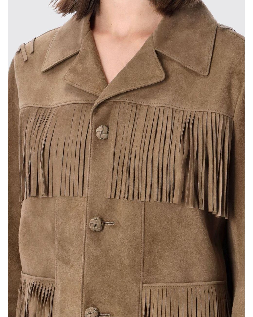 Ralph Lauren Natural Cropped Suede Lambskin Jacket With Fringes And Embroidery