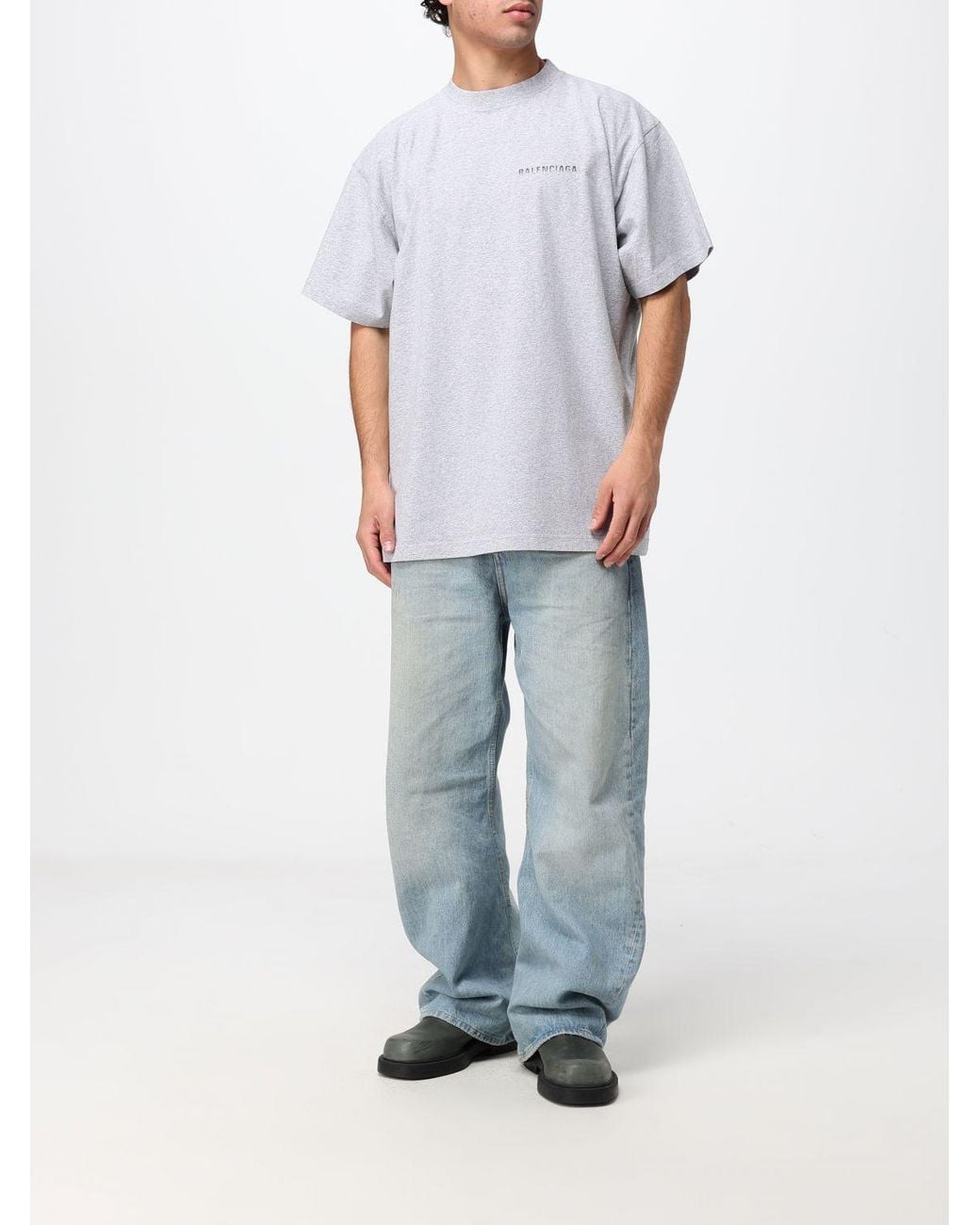Balenciaga Gray Cotton T-Shirt With Contrasting Logo And Dropped Shoulders for men