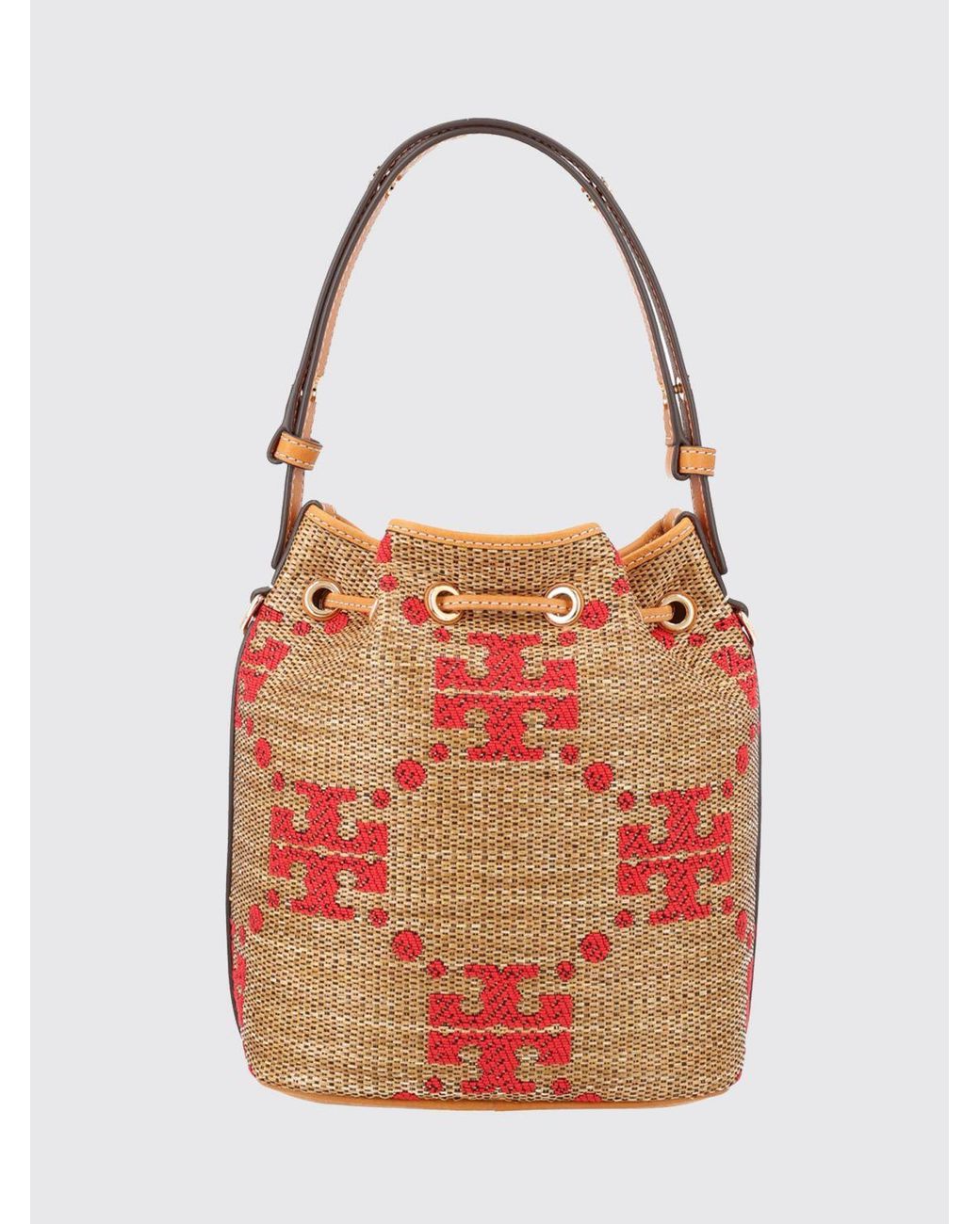 Tory Burch Red T Monogram Mini Raffia Bucket Bag With Jacquard Logo